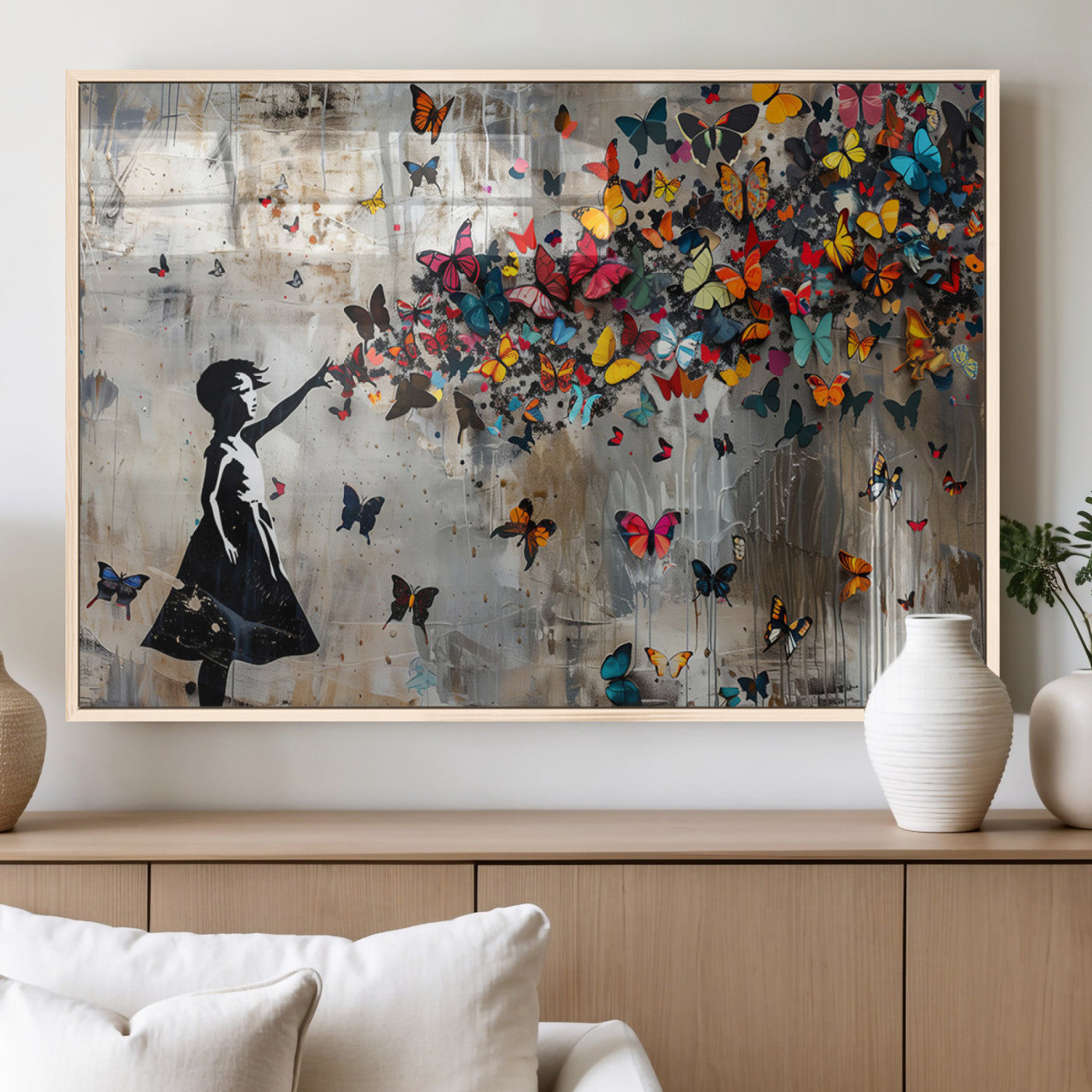MGV-FP-60X30-3P - Banksy Butterfly Girl Wall Art | 3-Piece Butterfly Girl Canvas
