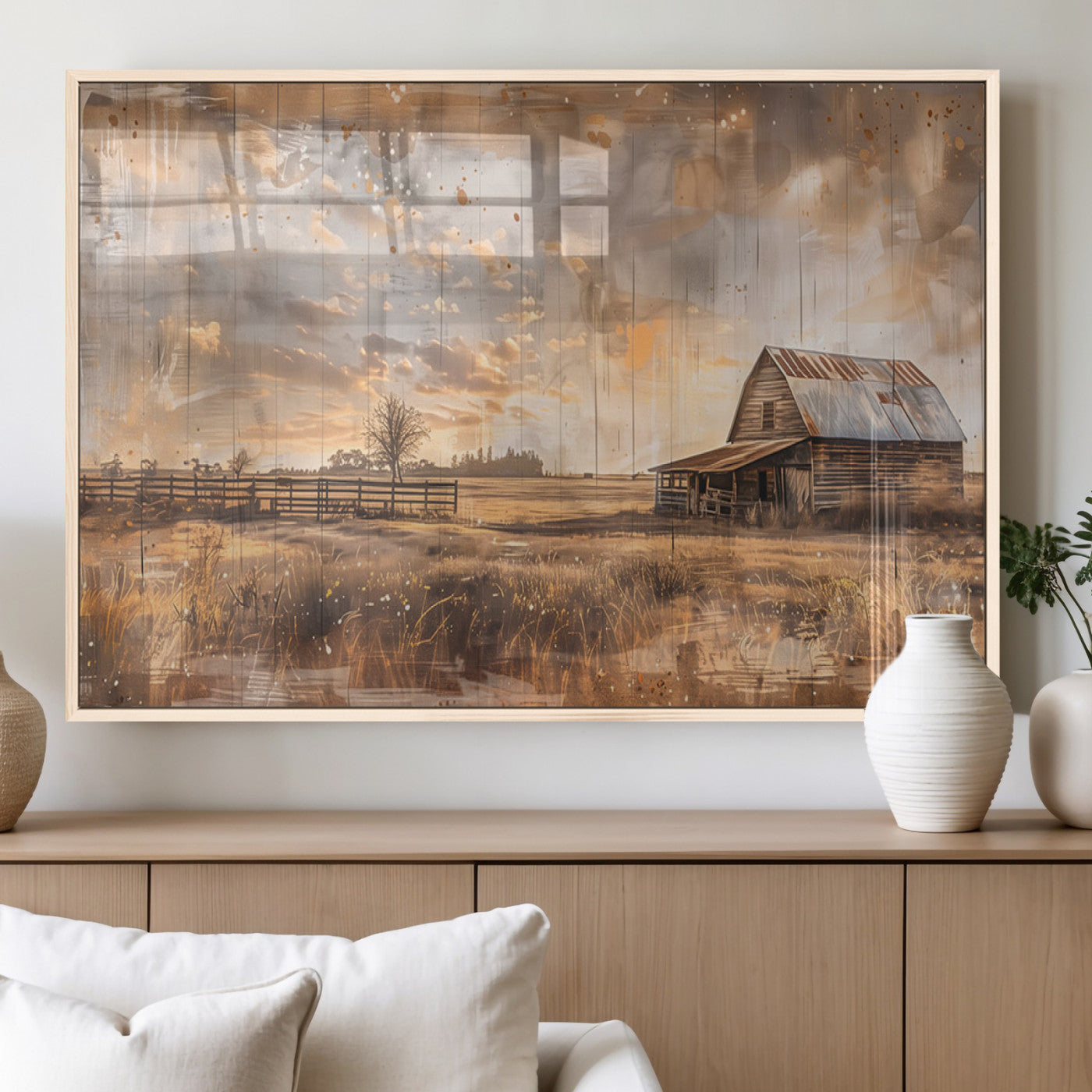 MGV-FP-60X30-3P - Rustic Farmhouse Wall Art Canvas Print | Barn and Field Canvas Print | Vintage Country Landscape