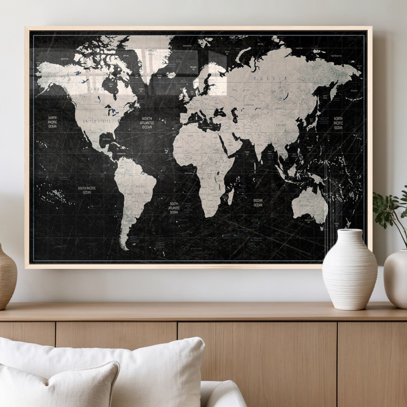 MGV-FP-60X30-3P - Push Pin World Map Canvas Print – Framed Wall Art for Couples to Track Their Travels – Anniversary