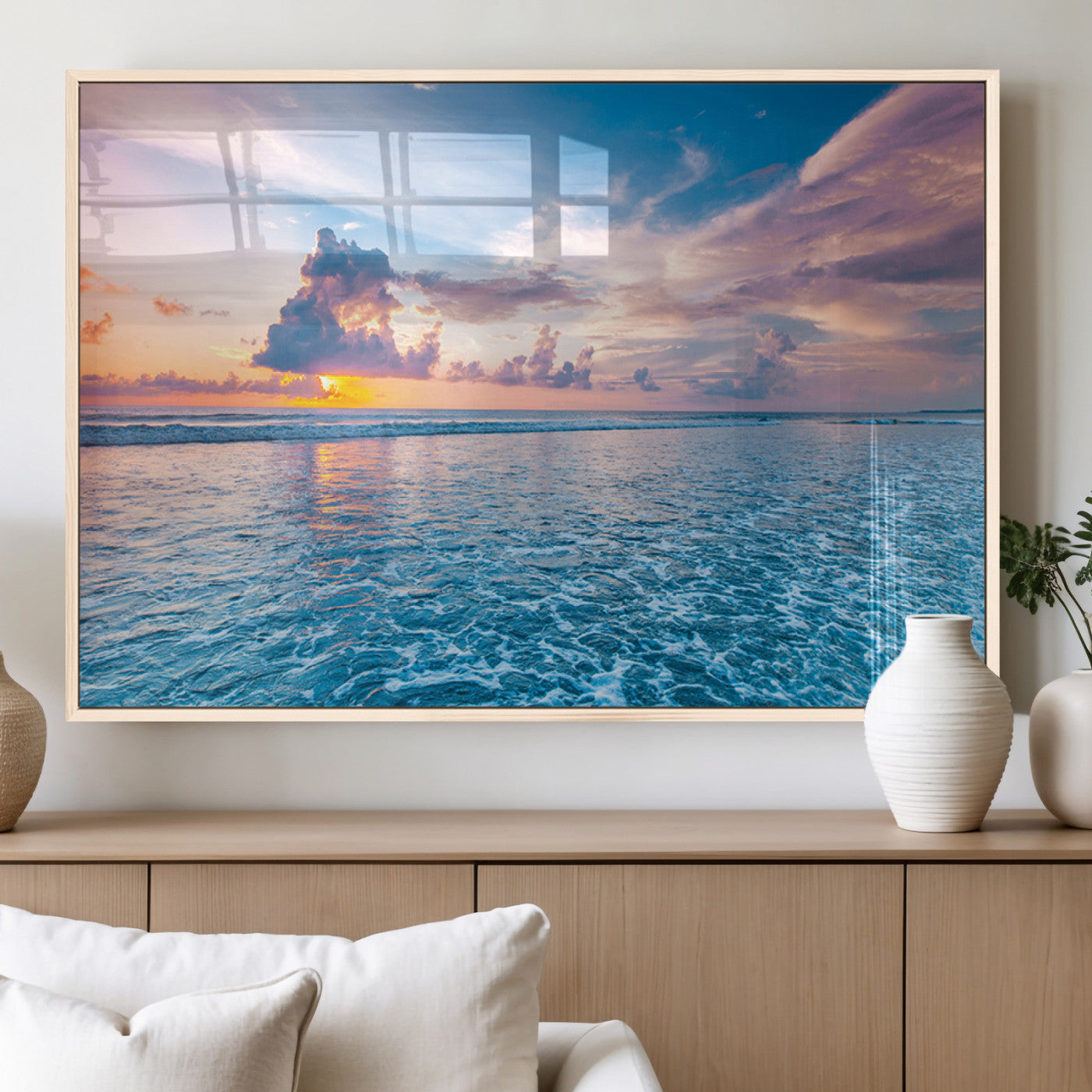 MGV-FP-60X30-3P - Ocean Sunset Canvas Wall Art Print - Tranquil Seascape with Vibrant Sky and Rolling Waves Canvas