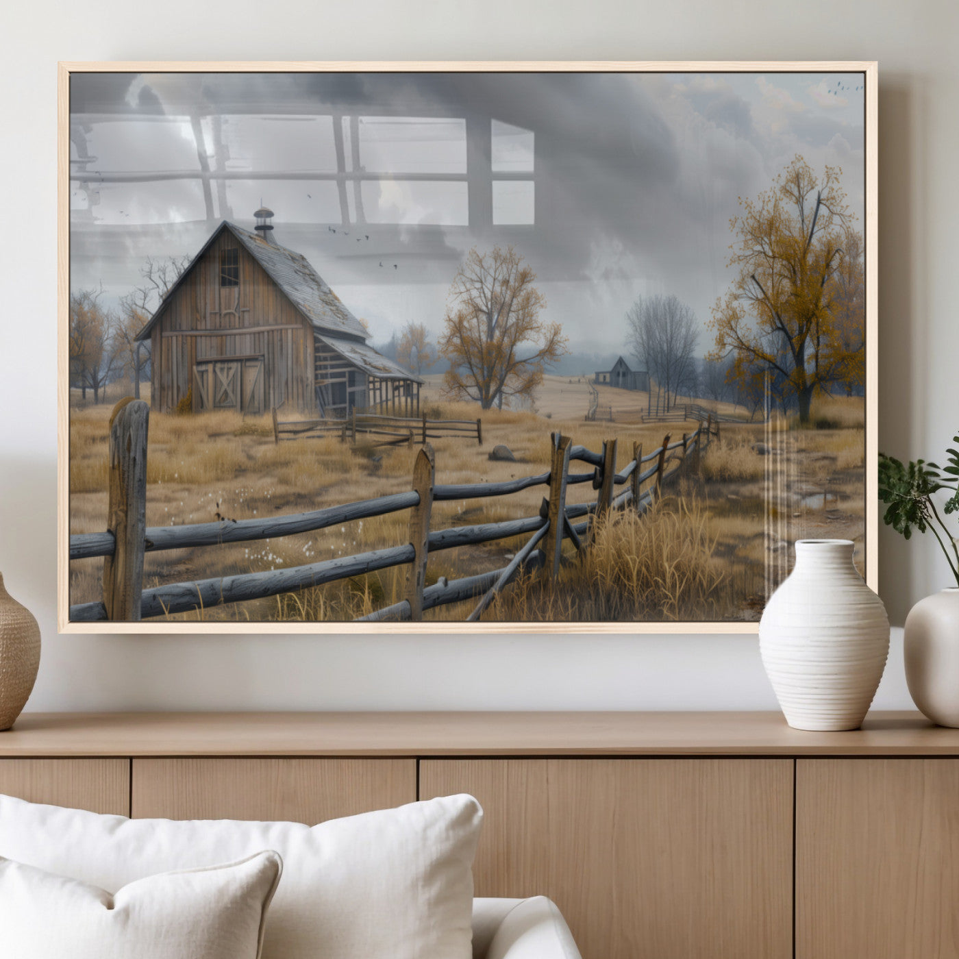 MGV-FP-60X30-3P - Rustic Autumn Farmhouse Wall Art Canvas Print – Serene Countryside Scene with Weathered Barn and