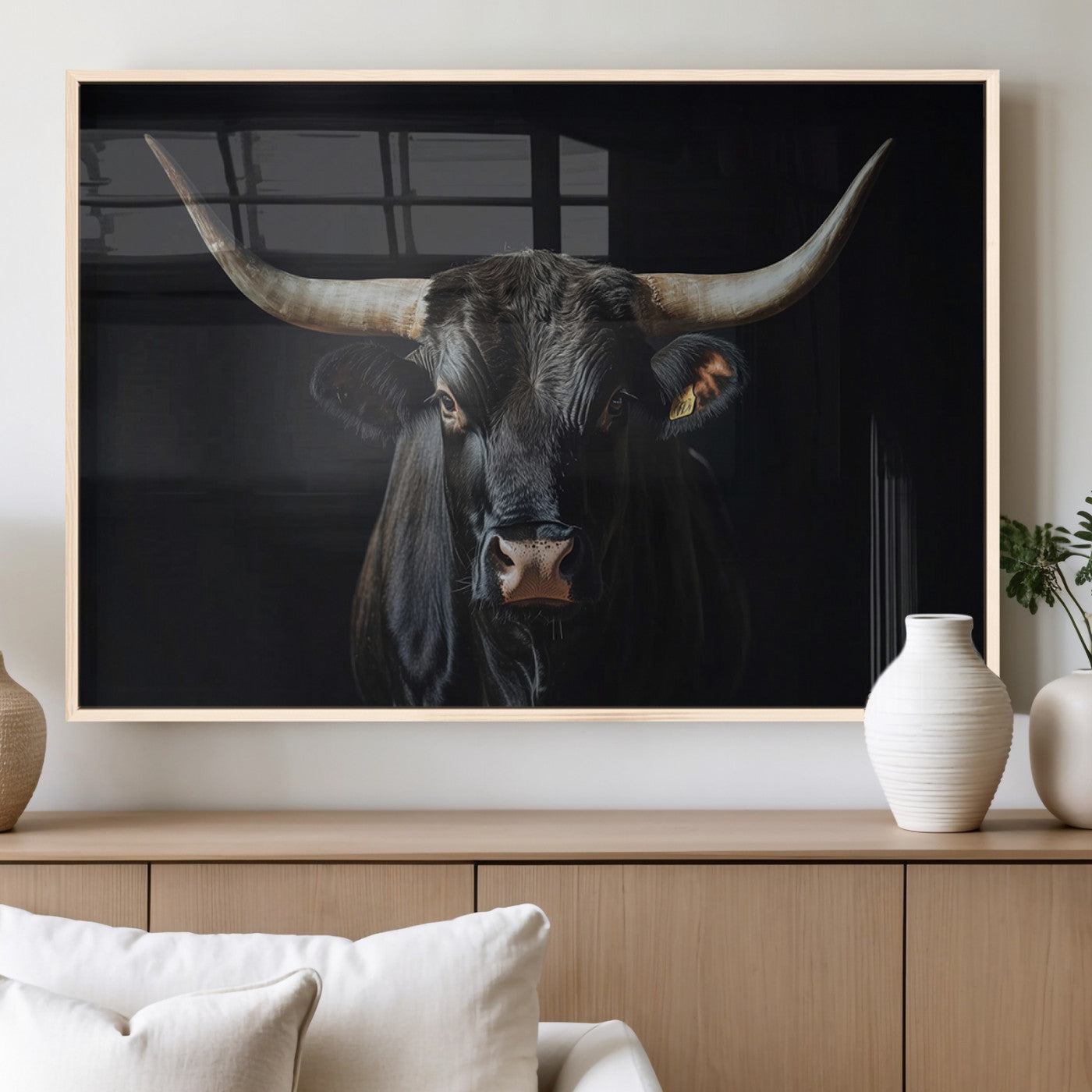 48065167-MGV-FP-36X24-3P_Natural-Majestic Longhorn Bull Wall Art Canvas Print – Dark Background Western Ranch Portrait Artwork for Home, Office