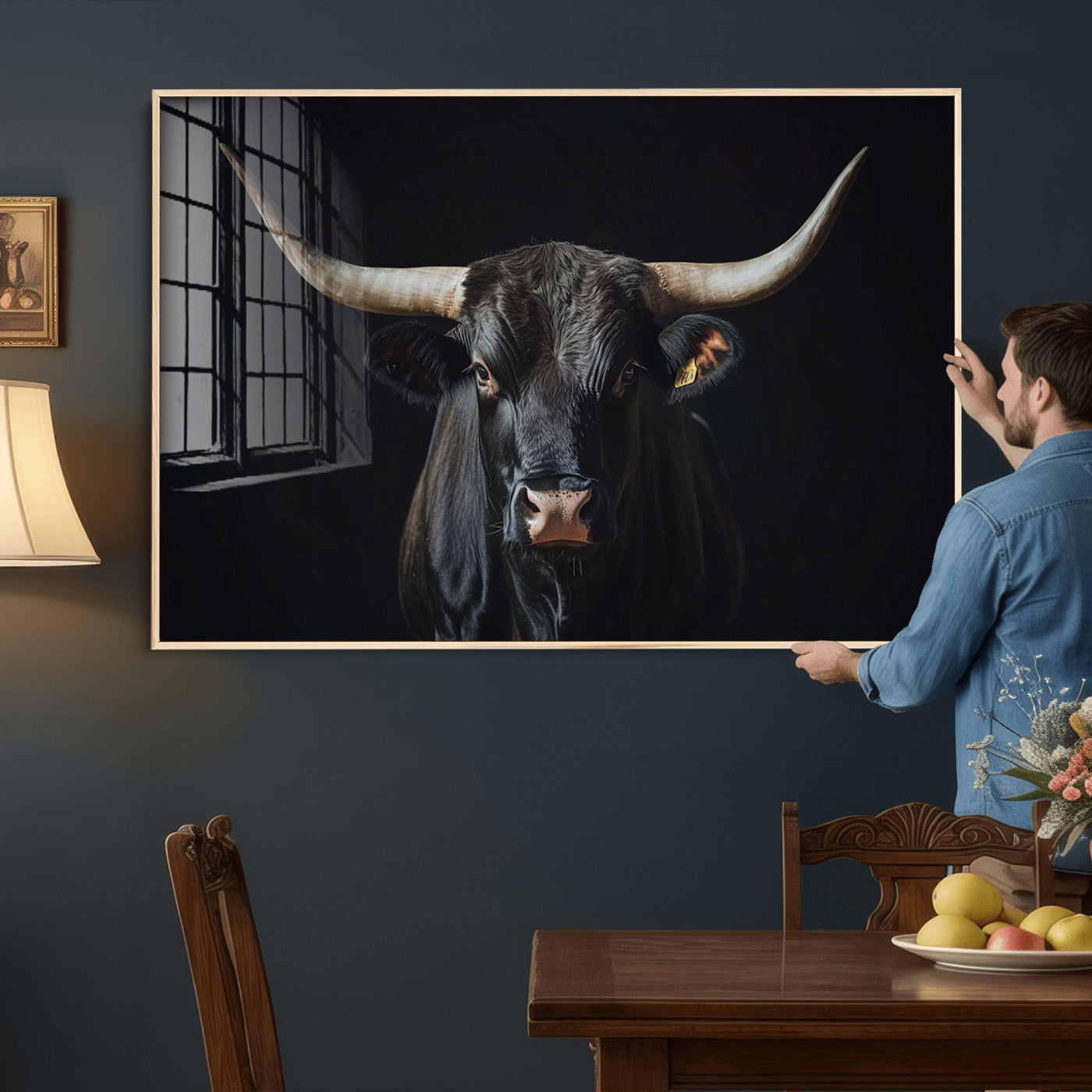 48065167-MGV-CV-36X24 - Texas Longhorn Bull Wall Art Canvas Print – Western Black Bull Art Print for Farmhouse Ranch Decor