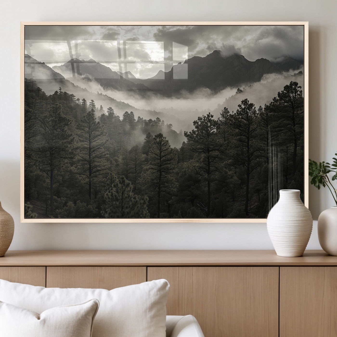 MGV-FP-36X24-3P - Misty Mountain Forest Wall Art – Canvas Print of Cloudy Peaks, Tranquil Pines, Enchanted Landscape, Majestic Nature Decor for Home or Office