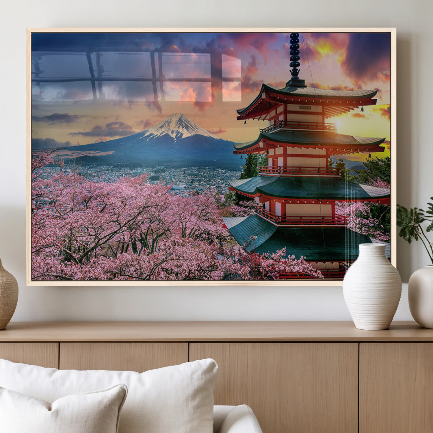 MGV-FP-60X30-3P - Mount Fuji & Cherry Blossom Wall Art Canvas Print – Iconic Japanese Landscape, Sakura Pagoda Sunset,