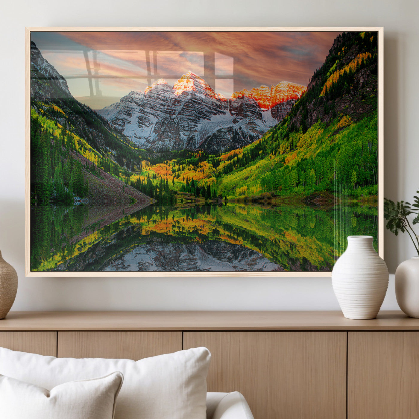 MGV-FP-60X30-3P - Maroon Bells Lake Wall Art Canvas Print – Majestic Colorado Mountain Landscape, Autumn Reflection,