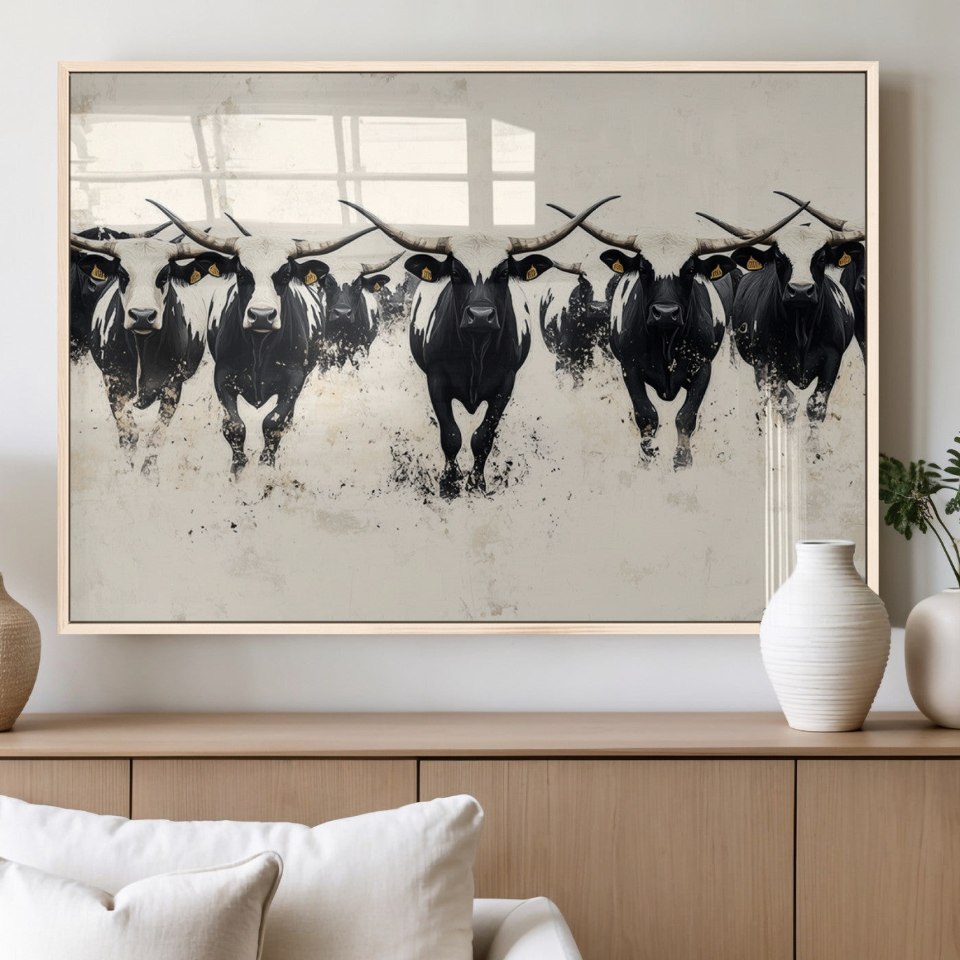MGV-FP-36X24-3P - Longhorn Cattle Wall Art – Canvas Print of Herd in Motion, Symmetry and Ink Splatter, Minimalist Western Ranch, Bold Rustic Farm Decor