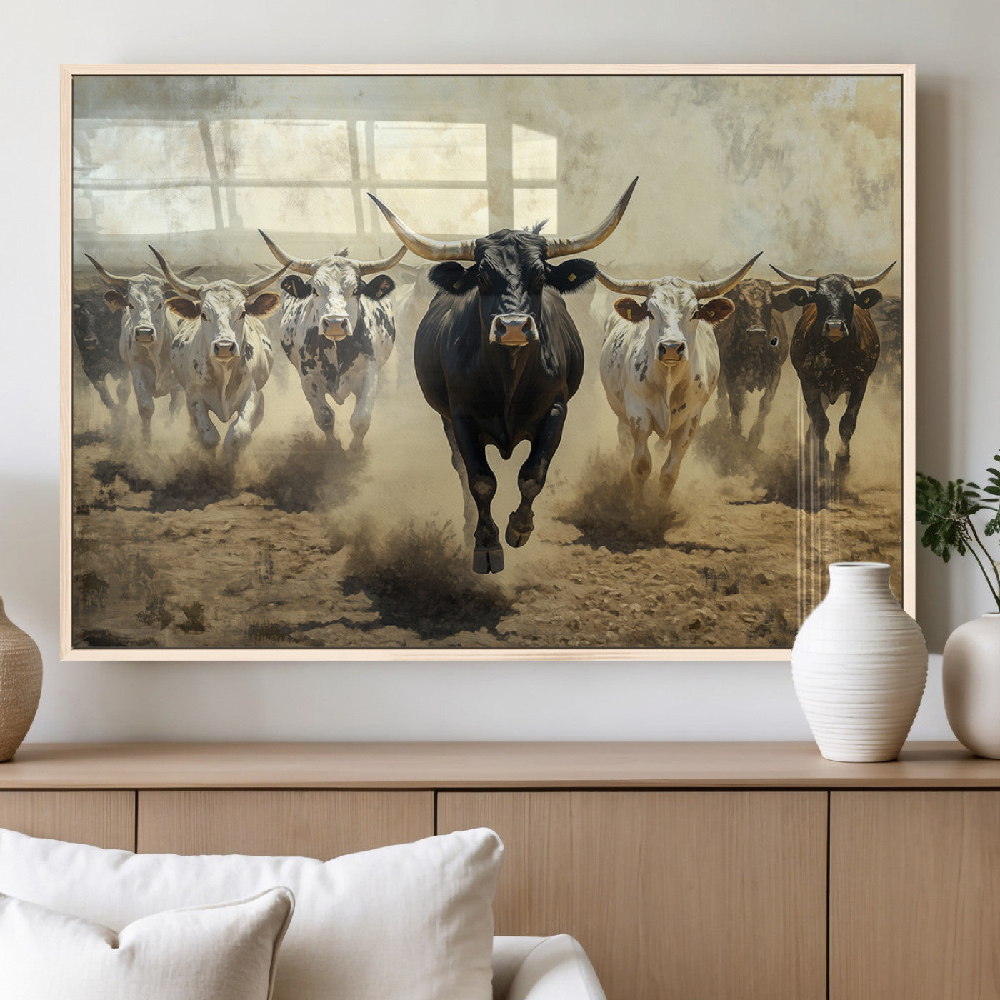 MGV-FP-36X24-3P - Running Cattle Wall Art – Canvas Print of Western Herd, Dust Stampede, Longhorns, Wild West Ranch, Bold Rustic Farm Decor for Home or Office