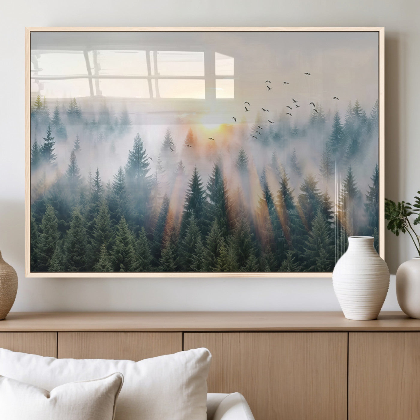 MGV-FP-60X30-3P - Misty Pine Forest Wall Art Canvas, Sunrise Over Foggy Trees Canvas for Home - Office, Framed