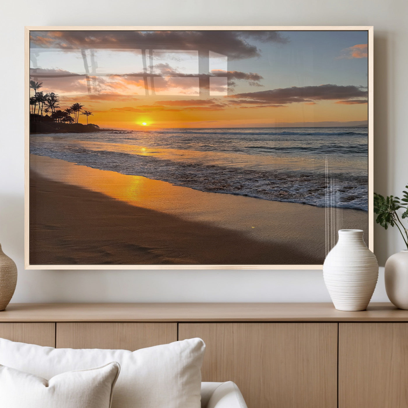 MGV-FP-36X24-3P - Sunset Glow Wall Art – Canvas Print of Ocean Breeze, Golden Sand, Tropical Palm Silhouettes, Tranquil Waves, Beach Nature Decor for Home