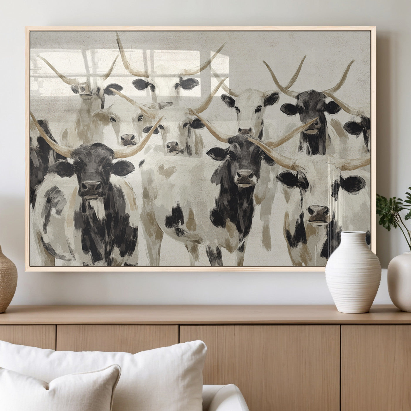 MGV-FP-60X30-3P - Longhorn Texas Cow Drawing Abstract Wall Art Canvas Print for Farmhouse Decor, Texas Bull Printing