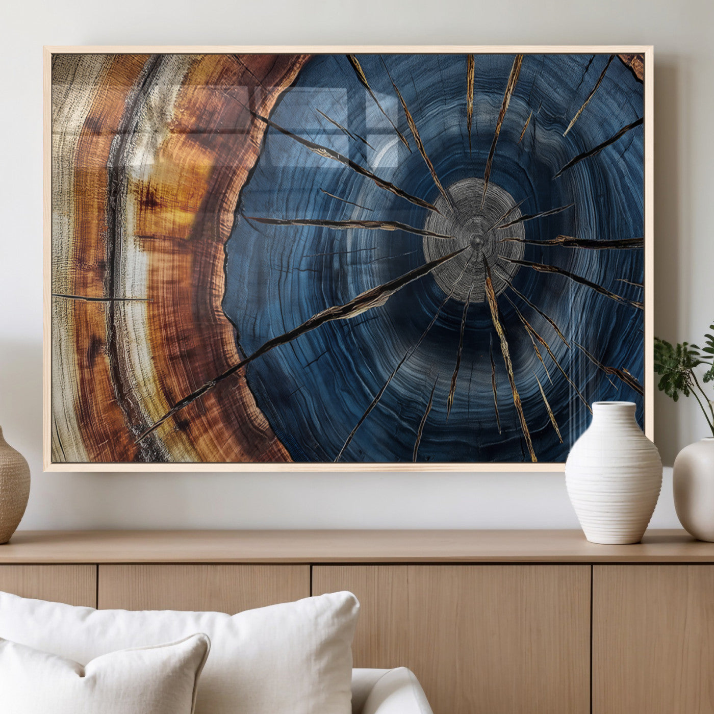 MGV-FP-36X24-3P - Framed Abstract Tree Ring Wall Art Print, Natural Rustic Wood Texture Canvas Print, Wood Tree Stump