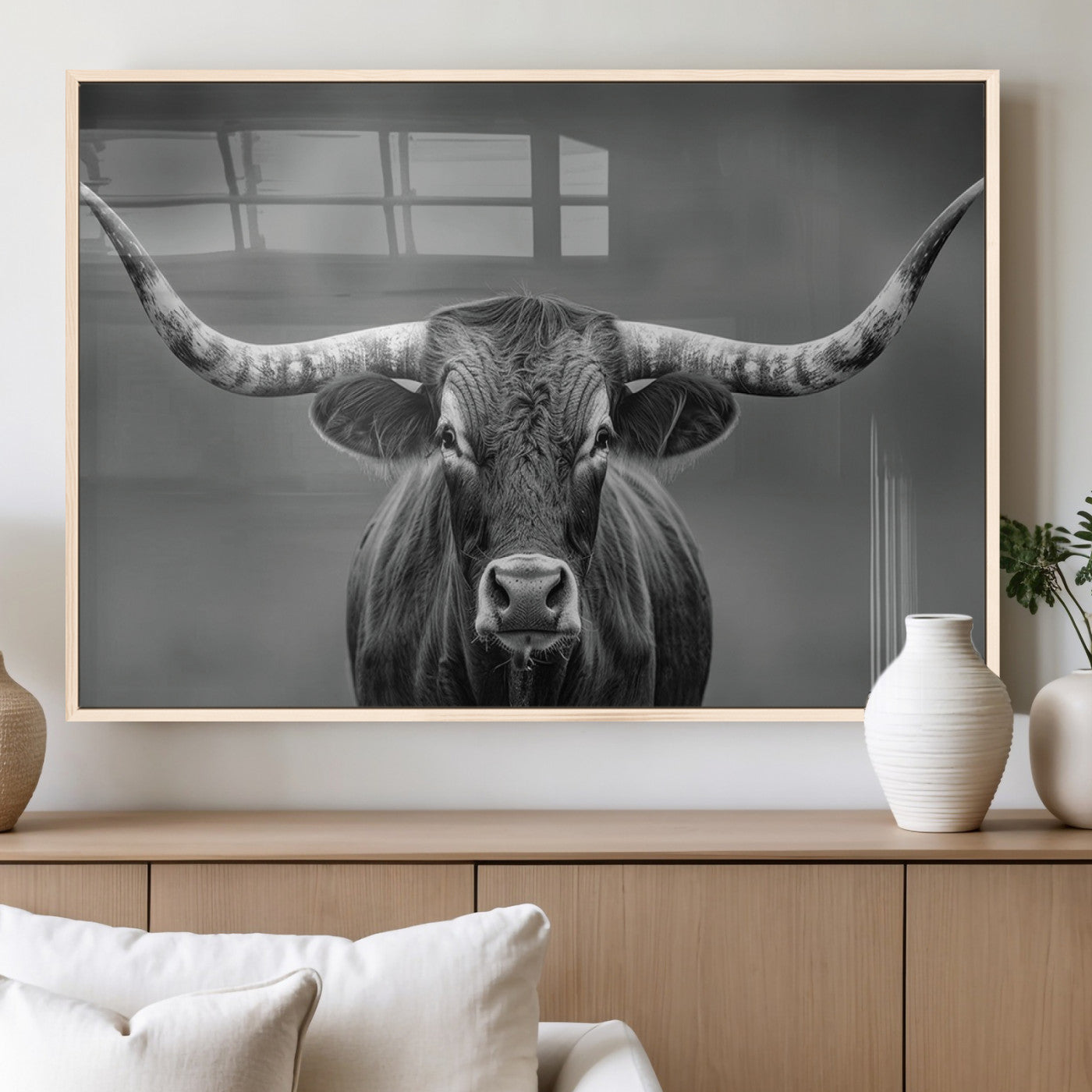 MGV-FP-36X24-3P - Framed Texas Longhorn Bull Art Canvas Print, Western Bull Wall Art Print, Long Horn Bull Photo Print
