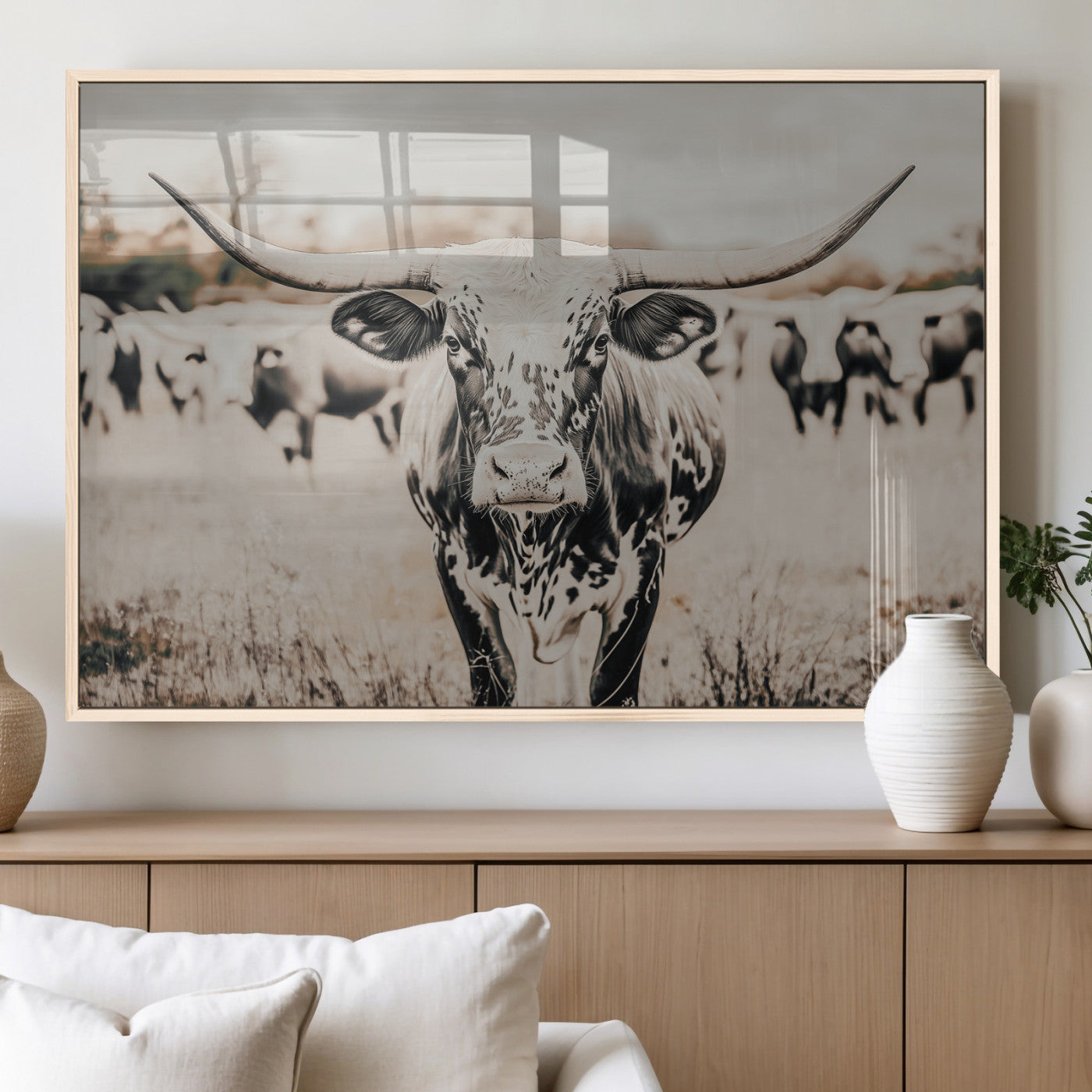 MGV-FP-60X30-3P - Texas Longhorn Wall Art Canvas Print, Framed Speckled Cow Art Picture Print, Horned Cattle Perfect Rustic Western Decor Artwork