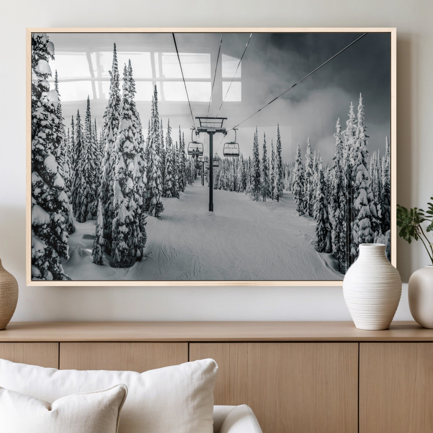 MGV-FP-36X24-3P - Snowy Pines Wall Art Canvas Print, Framed Ski Lift Art Picture Print, Winter Forest Perfect Moody Lodge Decor Artwork