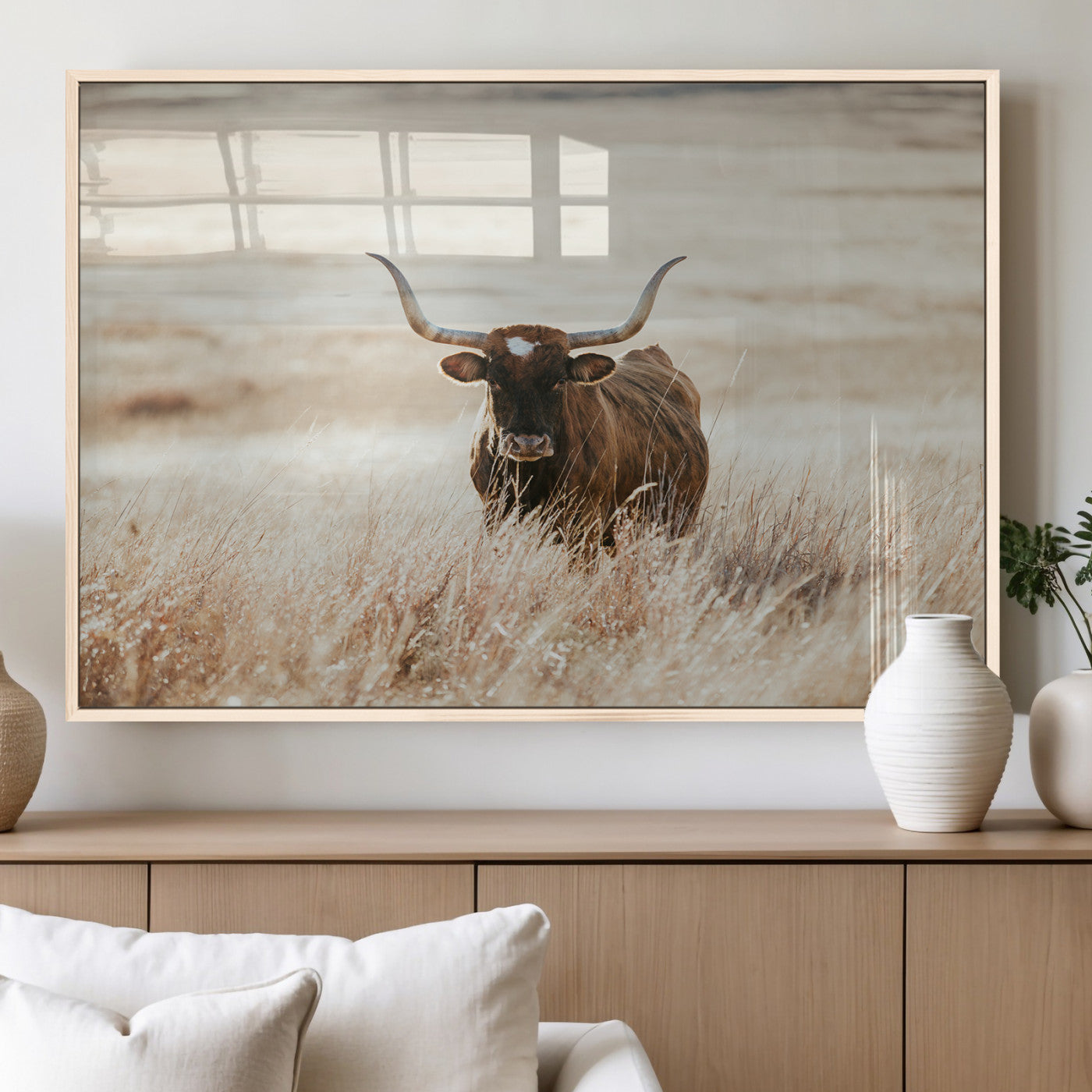MGV-FP-60X30-3P - Texas Longhorn Wall Art Canvas Print, Framed Brown Cattle Art Picture Print, Horned Bull Perfect Rustic Western Decor Artwork