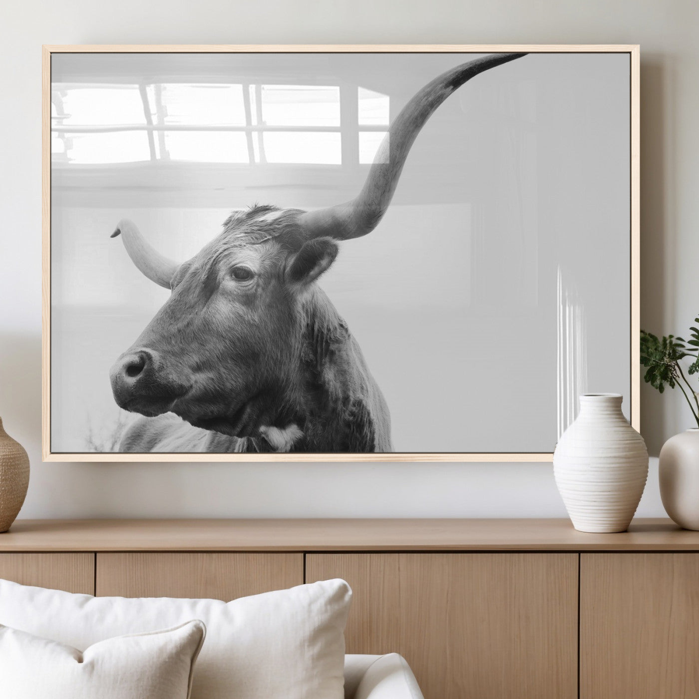 MGV-FP-36X24-3P - Longhorn Wall Art Wall Art Canvas Print, Framed Modern Ranch Style Art Art Picture Print, Monochrome Cow Print Perfect Rustic Western Decor Artwork