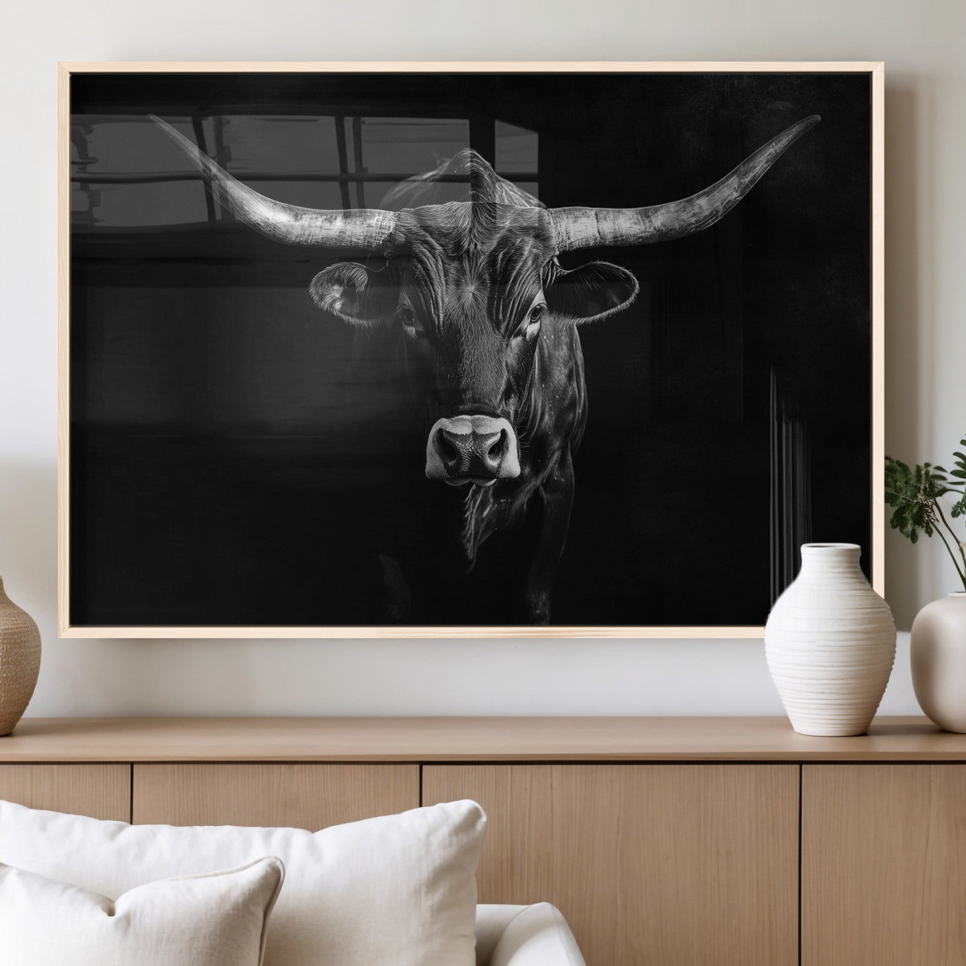 MGV-FP-60X30-3P - Texas Longhorn Wall Art Canvas Print, Framed Monochrome Bull Art Picture Print, Horned Bull Perfect Rustic Western Decor Artwork