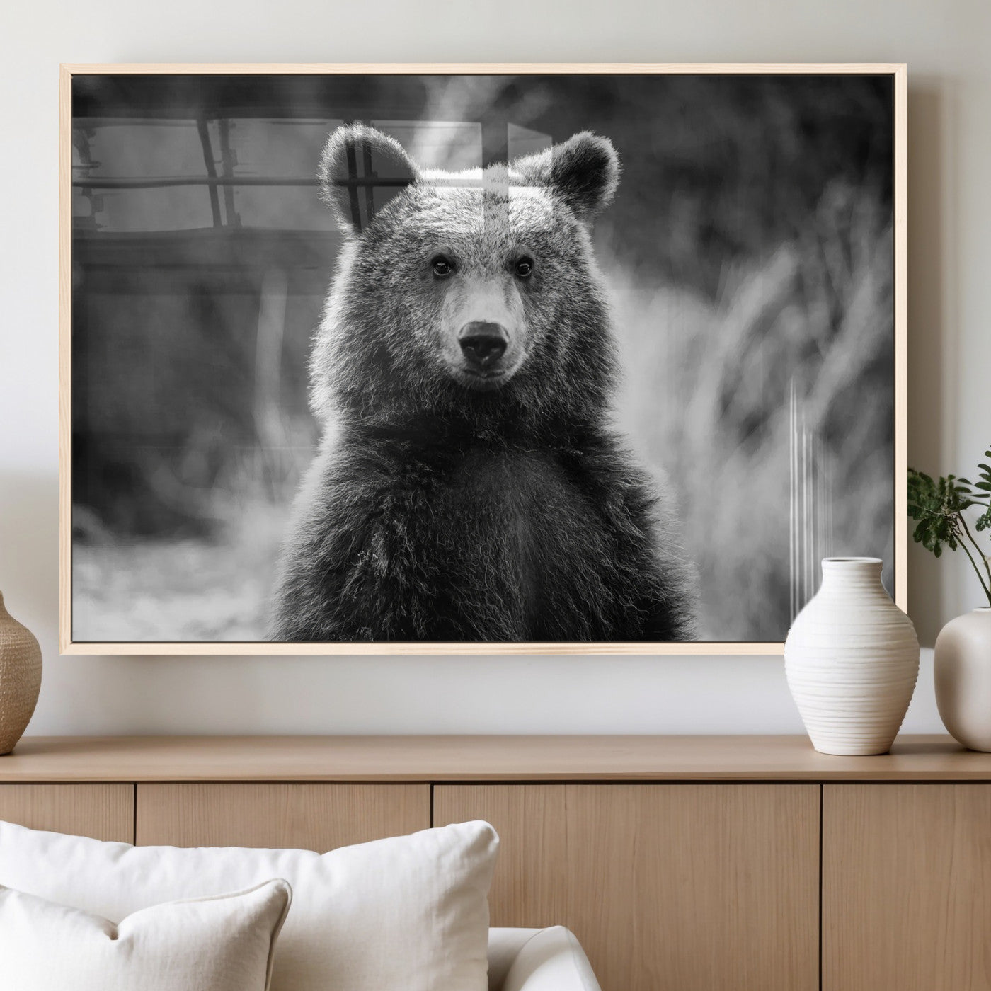 MGV-FP-60X30-3P - Grizzly Bear Wall Art Canvas Print, Framed Black White Bear Art Picture Print, Wild Bear Perfect Rustic Wildlife Decor Artwork