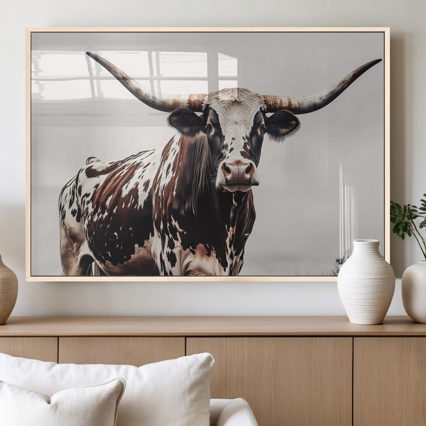 Close-up of a Texas Longhorn bull with powerful horns, perfect for rustic farmhouse or country-themed home decor. Ideal for animal lovers.