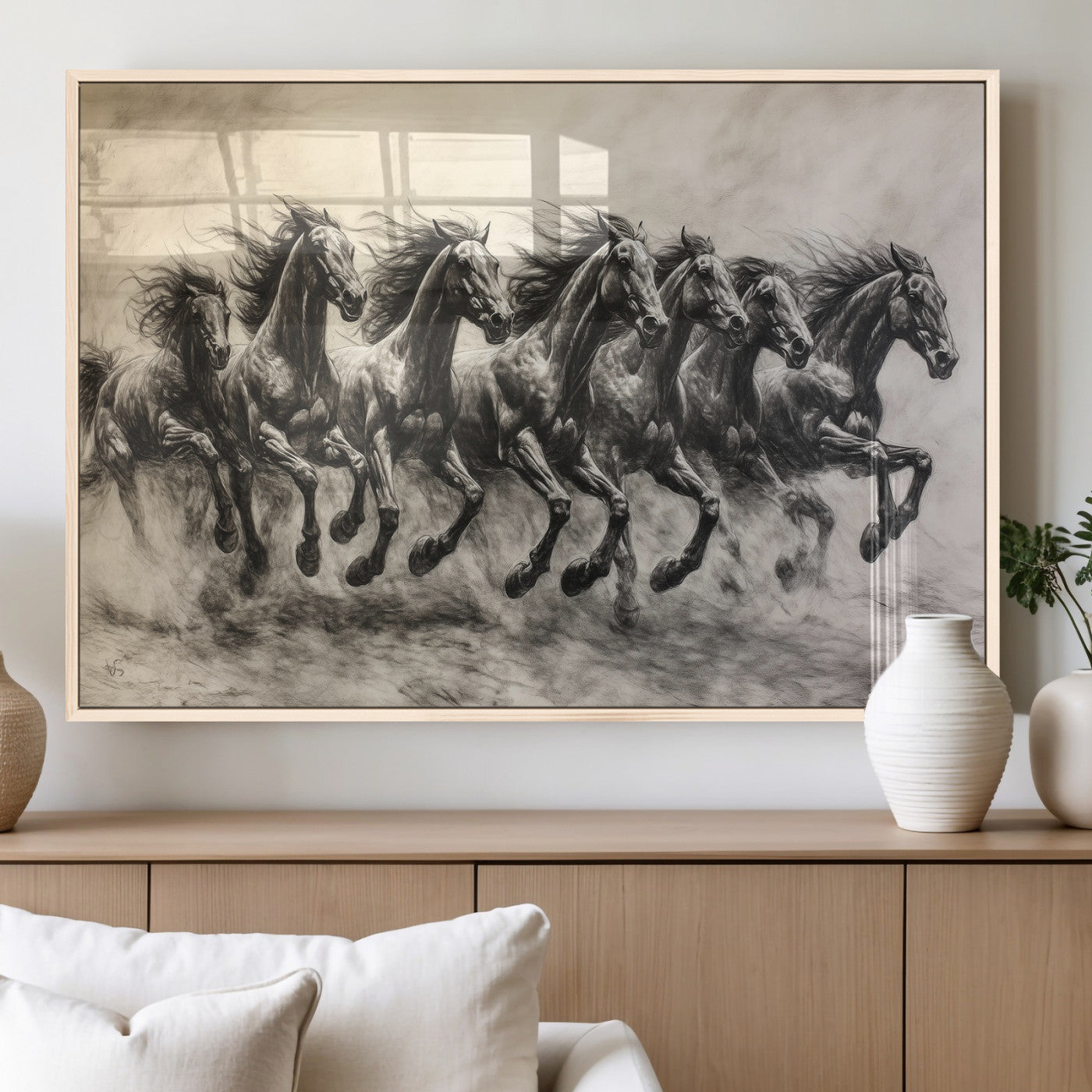 Monochrome drawing of a herd of galloping horses, perfect for dynamic and wild-themed decor in any equestrian or nature-inspired room.