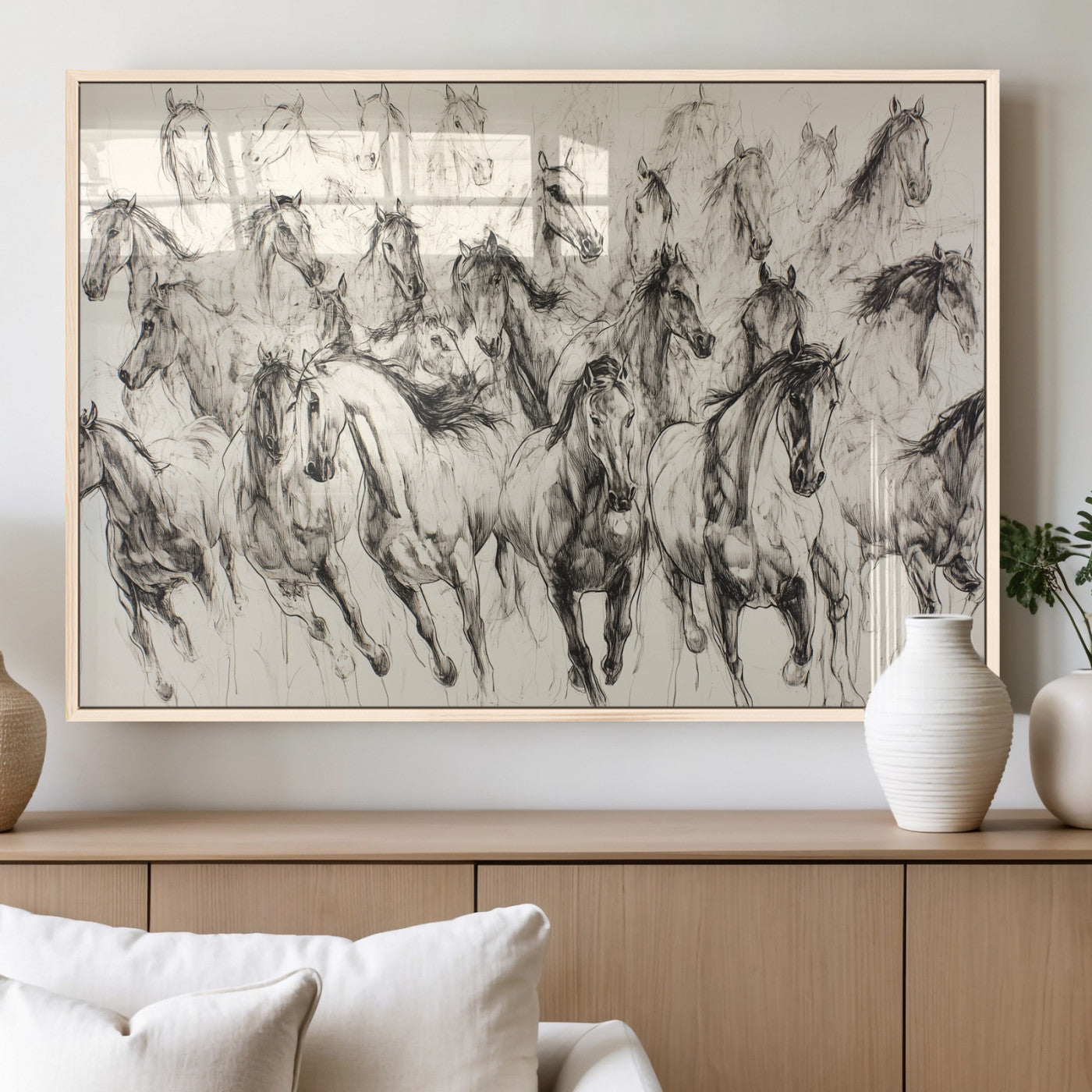 Monochrome ink sketch of galloping horses in dynamic motion, perfect for western or equine-themed wall decor with bold artistic energy.