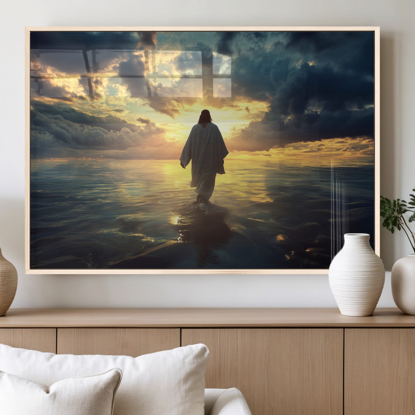 Spiritual artwork of Jesus walking on water at golden hour with divine light, ideal for Christian home decor or prayer room.