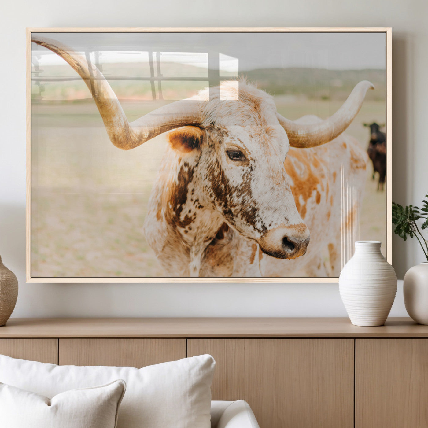 Close-up of a speckled Texas Longhorn in warm prairie tones, perfect for rustic western or countryside-themed room decor.