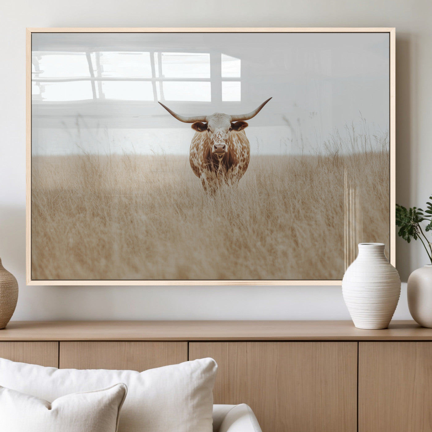 Texas Longhorn bull standing alone in dry grass with neutral tones, ideal for rustic western or cowboy-themed wall decor.