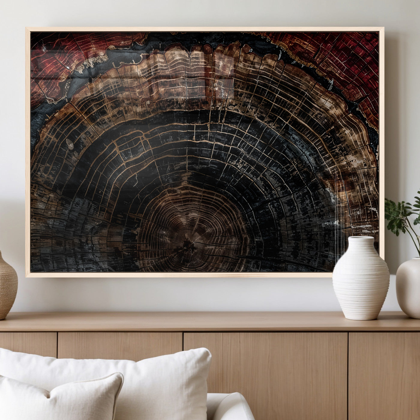 MGV-FP-36X24-3P - Dark Wood Ring Wall Art Canvas Print, Framed Abstract Wood Tree Art Picture Print, Rustic Tree Slice Perfect Rustic Decor Artwork