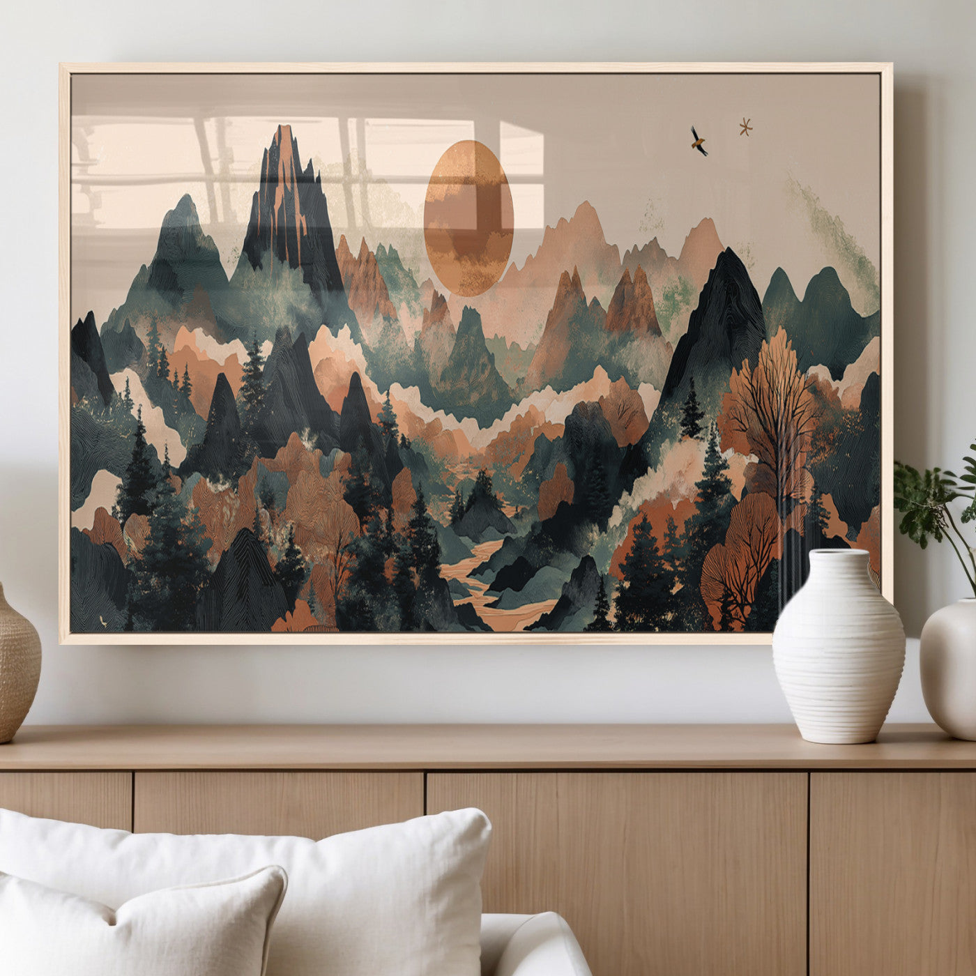 MGV-FP-60X30-3P - Wood Mountain Landscape Wall Art Canvas Print, Framed Sunset Hills Art Picture Print, Abstract Nature Perfect Boho Decor Artwork