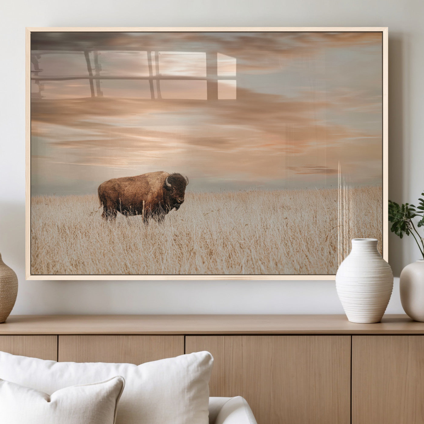 MGV-FP-60X30-3P - Bison Wall Art Canvas Print, Framed Buffalo Art Picture Print, Western Prairie Perfect Rustic Decor Artwork