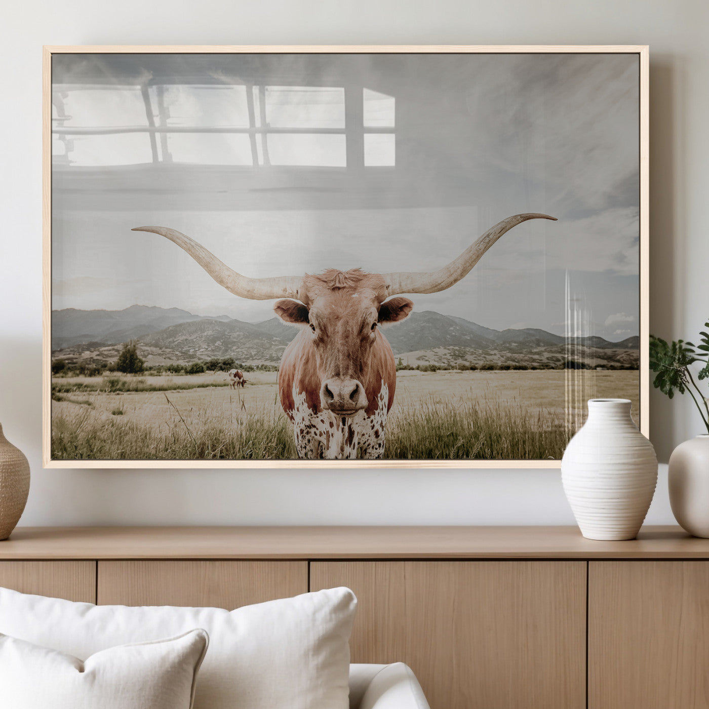MGV-FP-60X30-3P - Texas Longhorn Wall Art Canvas Print, Framed Western Cow Art Picture Print, Rustic Farmhouse Perfect Farmhouse Decor Artwork