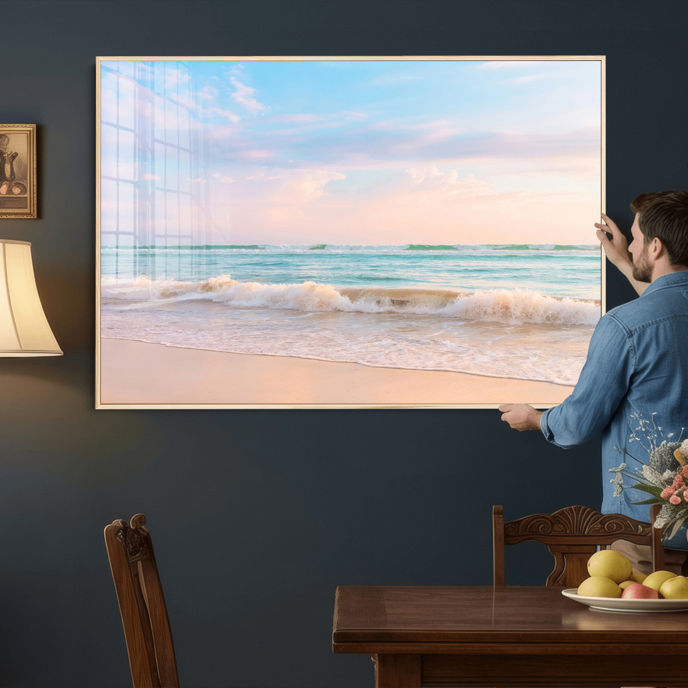 74679437-MGV-CV-36X24 - Serene Waves Wall Art – Golden Shore & Soft Pastel Sky Canvas Print, Gentle Ocean and Peaceful Sunset for Living Room or Office