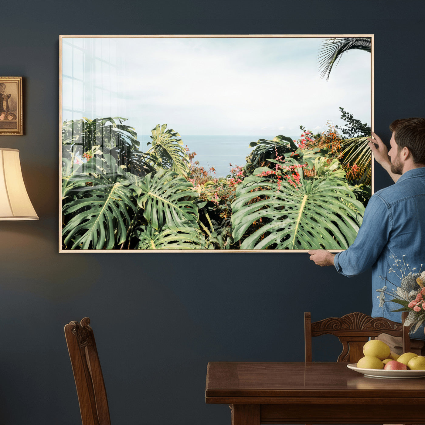 45700479-MGV-CV-36X24 - Tropical Greenery Wall Art – Exotic Leaves & Ocean View Canvas Print, Sunlit Paradise and Vibrant Nature for Living Room or Coastal Decor