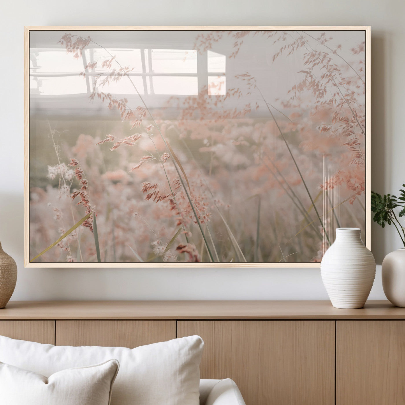 MGV-FP-60X30-3P - Pastel Grasses Wall Art Canvas Print, Framed Soft Meadow Art Picture Print, Field in Breeze Perfect Soft Pastel Minimal Decor Artwork