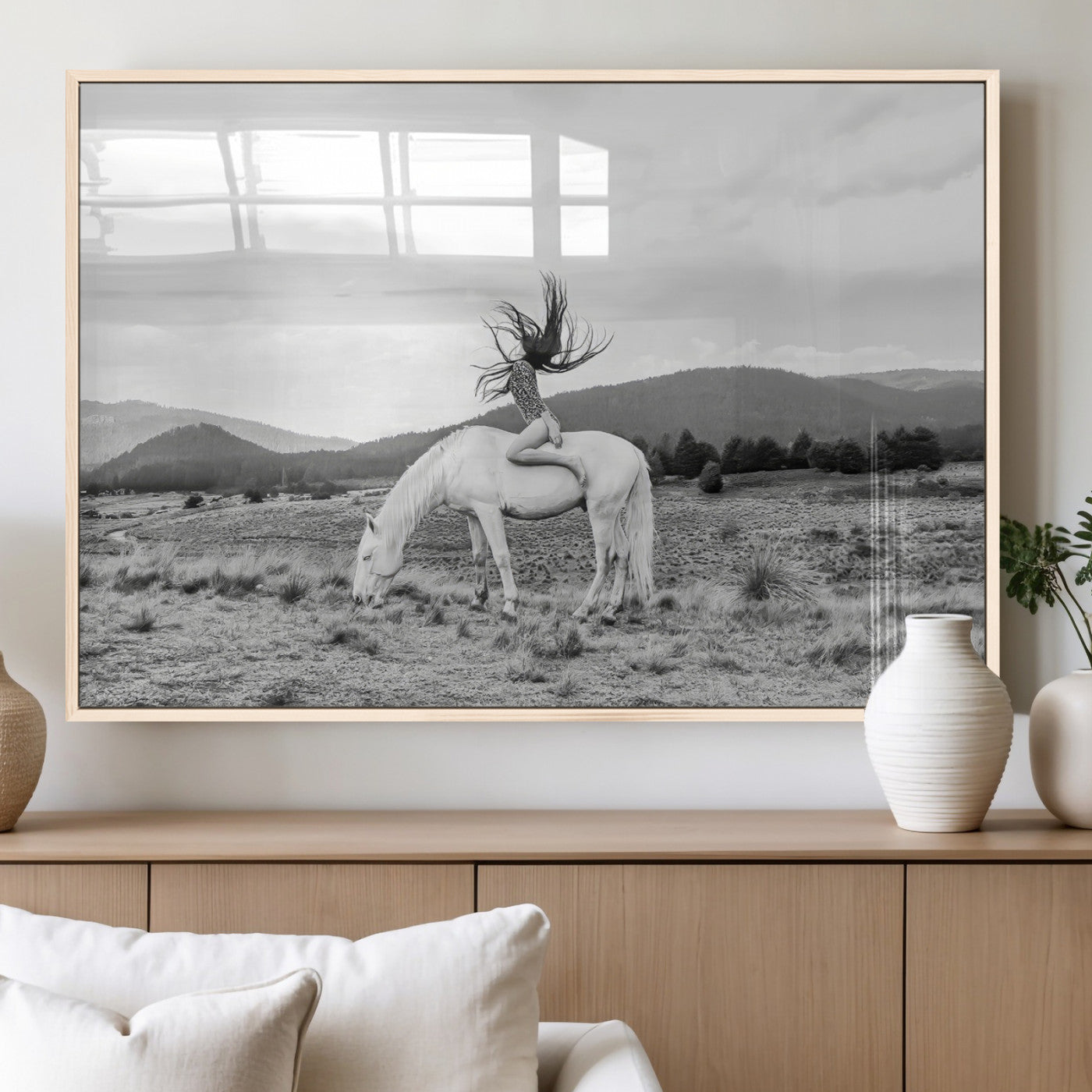MGV-FP-60X30-3P - White Horse Wall Art Canvas Print, Framed Woman Rider Art Picture Print, Equestrian Pose Perfect Western Boho Decor Artwork