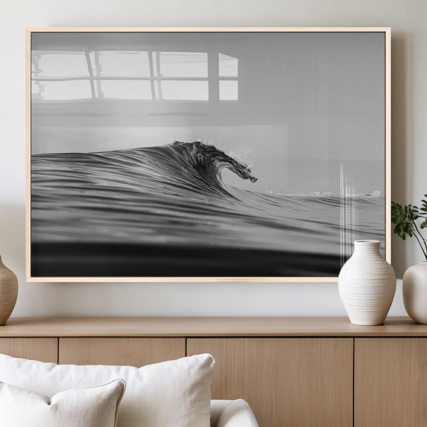 MGV-FP-60X30-3P - Black Wave Wall Art Canvas Print, Framed Abstract Surf Art Picture Print, Minimalist Ocean Perfect Minimalist Coastal Decor Artwork
