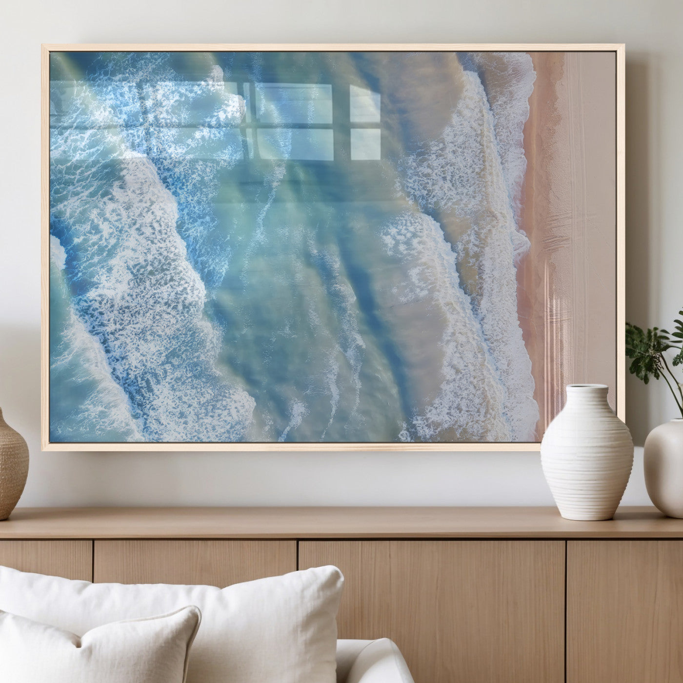 MGV-FP-60X30-3P - Aerial Ocean View Wall Art Canvas Print, Framed Soft Blue Waves Art Picture Print, Sandy Shoreline Perfect Modern Coastal Decor Artwork