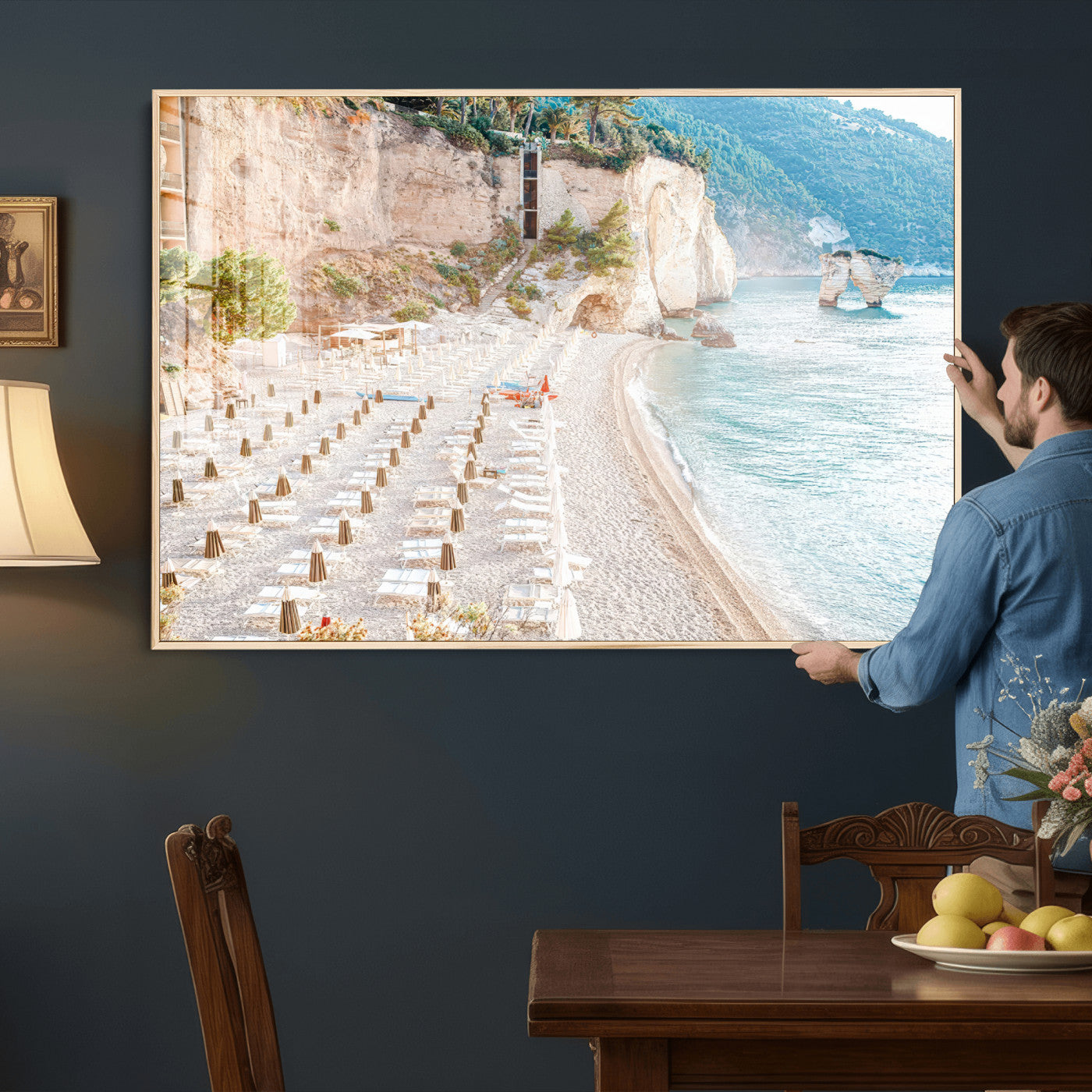 84816639-MGV-CV-36X24 - Sunny Beach Wall Art – Chairs & Umbrellas Canvas Print, Clear Water, Rocky Cliffs, Coastal Calm for Living Room or Vacation Home Decor