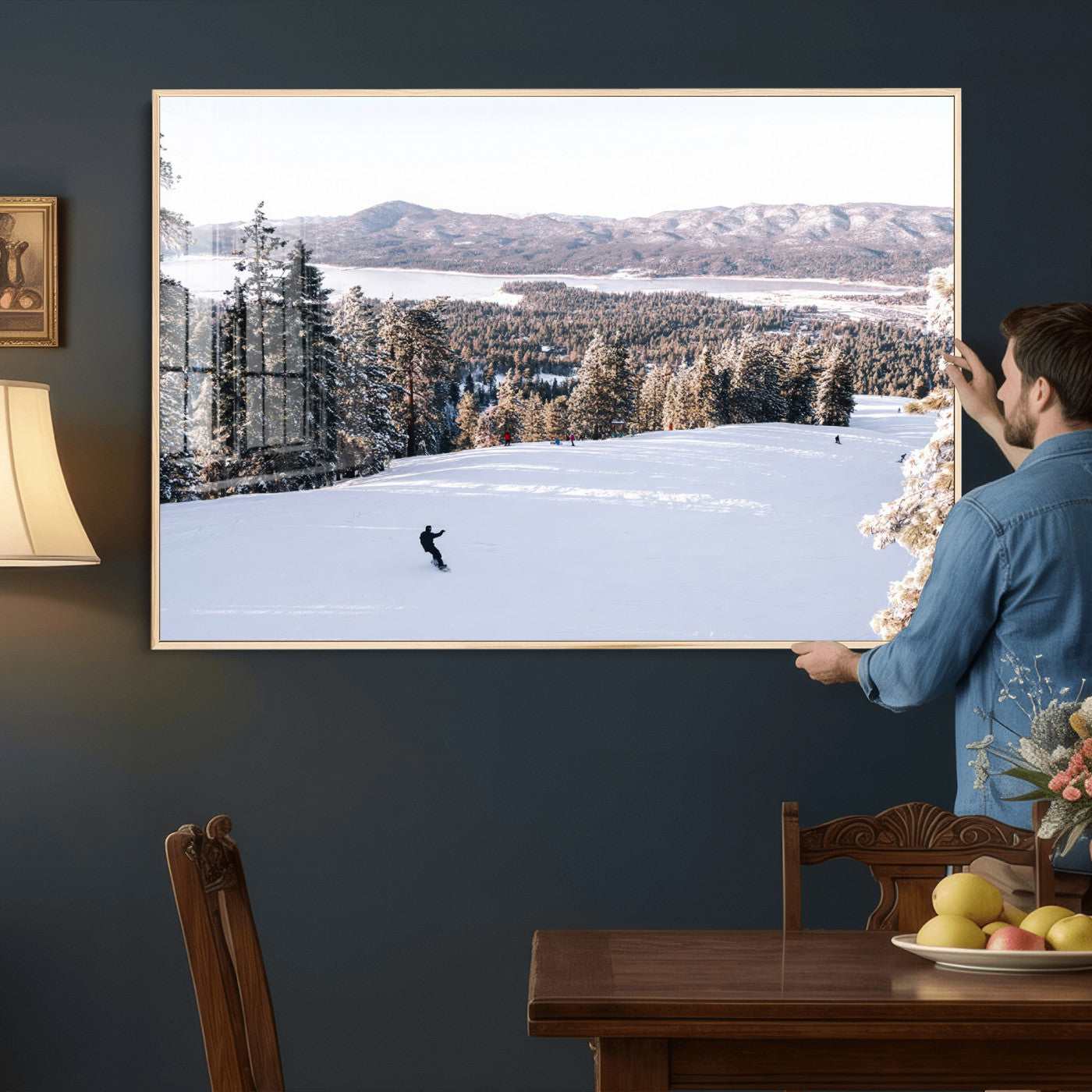 79857868-MGV-CV-36X24 - Snowboarder Wall Art – Winter Slope Canvas Print, Pine Forest, Snow-Covered Mountains, Outdoor Adventure for Living Room or Cabin Decor