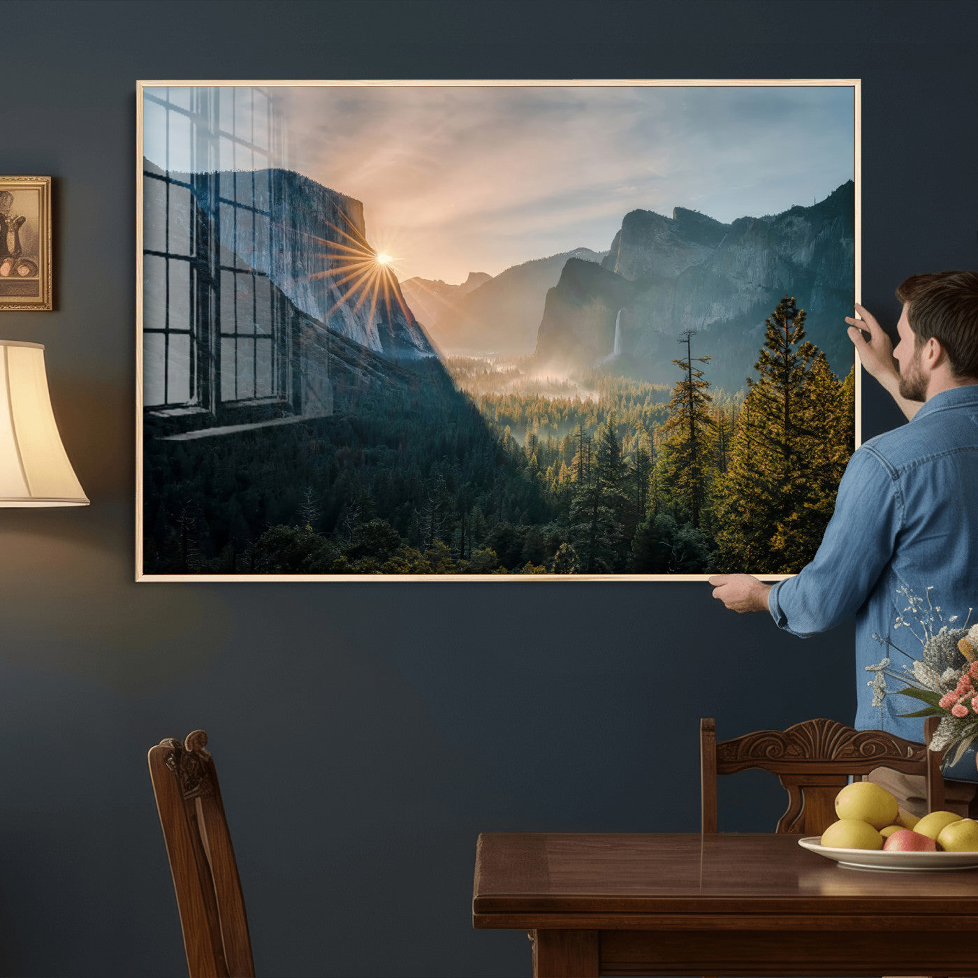 51605481-MGV-CV-36X24 - Yosemite Valley Wall Art – Misty Forest Peaks Canvas Print, Radiant Light, Tranquil Nature Landscape for Living Room or Cabin Decor