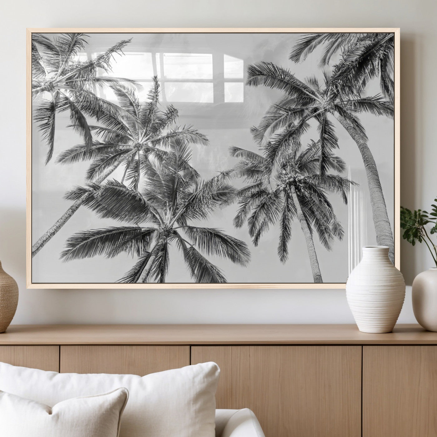MGV-FP-60X30-3P - Black White Palm Wall Art Canvas Print, Framed Monochrome Tropics Art Picture Print, Minimalist Beach Perfect Coastal Minimalist Decor Artwork