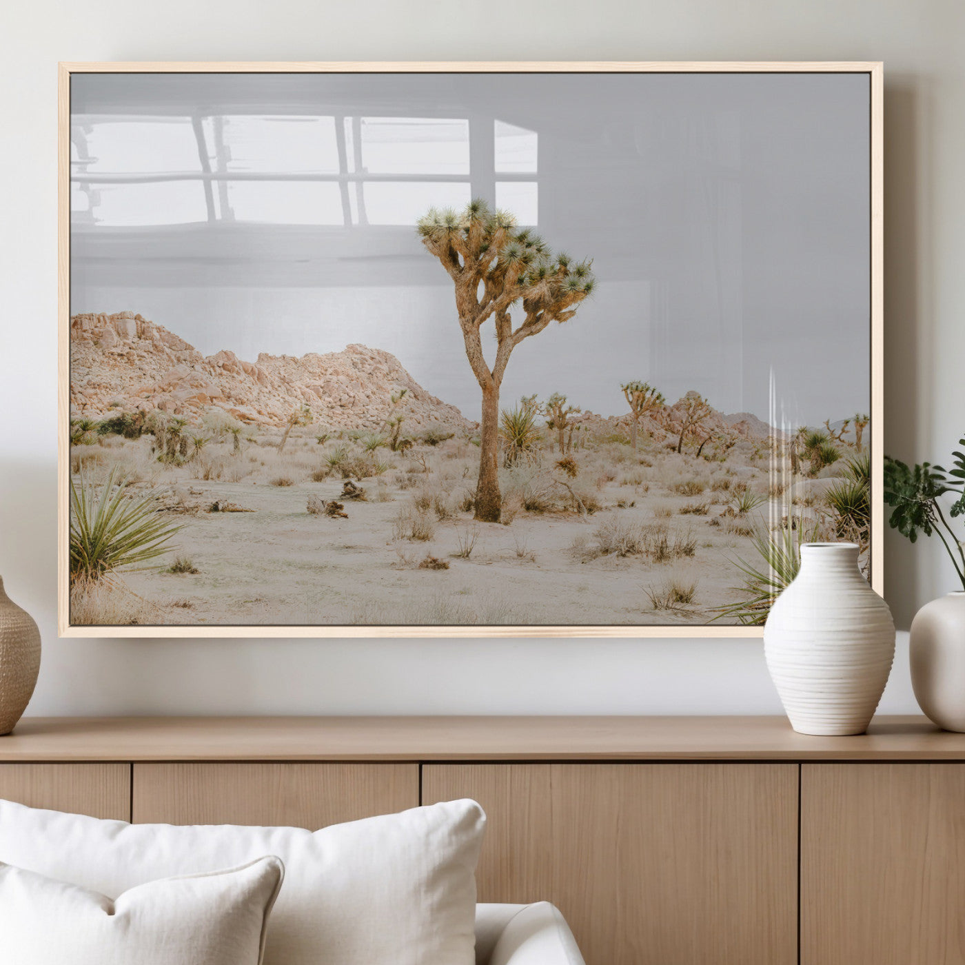 MGV-FP-36X24-3P - Joshua Tree Wall Art Canvas Print, Framed Neutral Desert Art Picture Print, Earthy Landscape Perfect Neutral Boho Decor Artwork