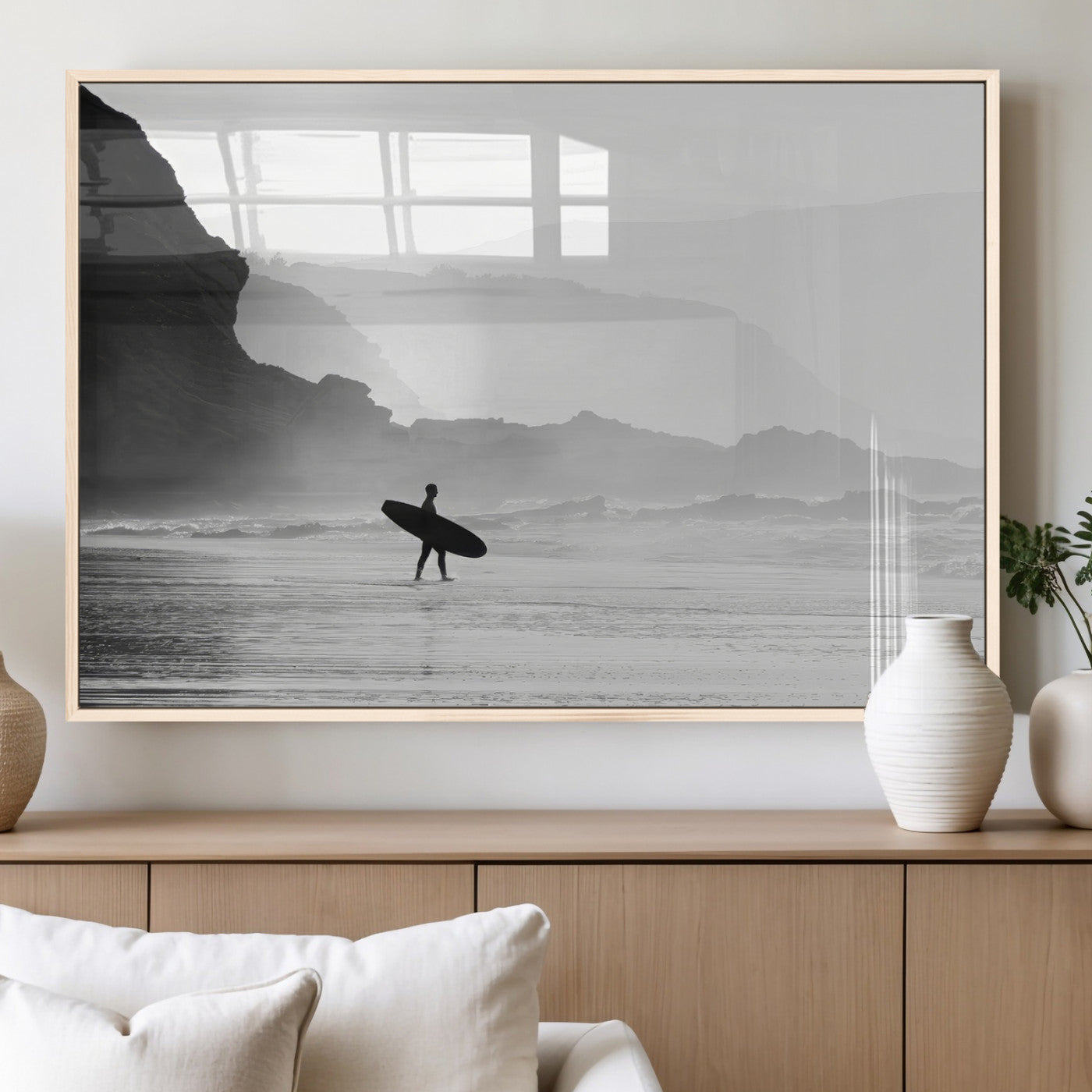 MGV-FP-36X24-3P - Surfer In Fog Wall Art Canvas Print, Framed Moody Shoreline Art Picture Print, Cliffside Waves Perfect Minimalist Coastal Decor Artwork