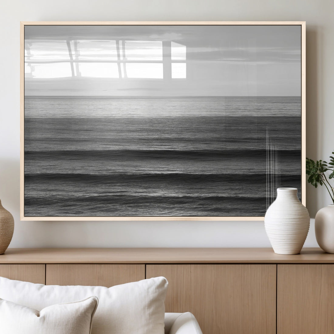 Monochrome Ocean Wall Art Canvas Print, Framed Moody Ocean Art, Calm Coastal Decor