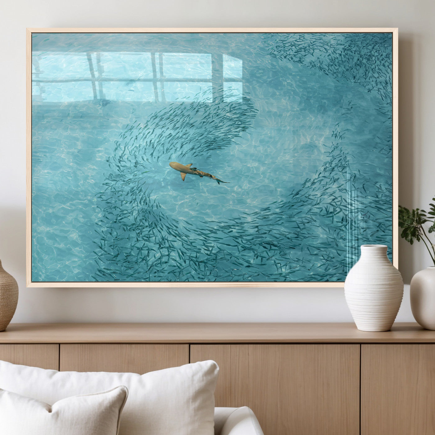 Aerial view of a shark swimming through a swirl of fish in clear turquoise waters, perfect for calm coastal or beach house decor.