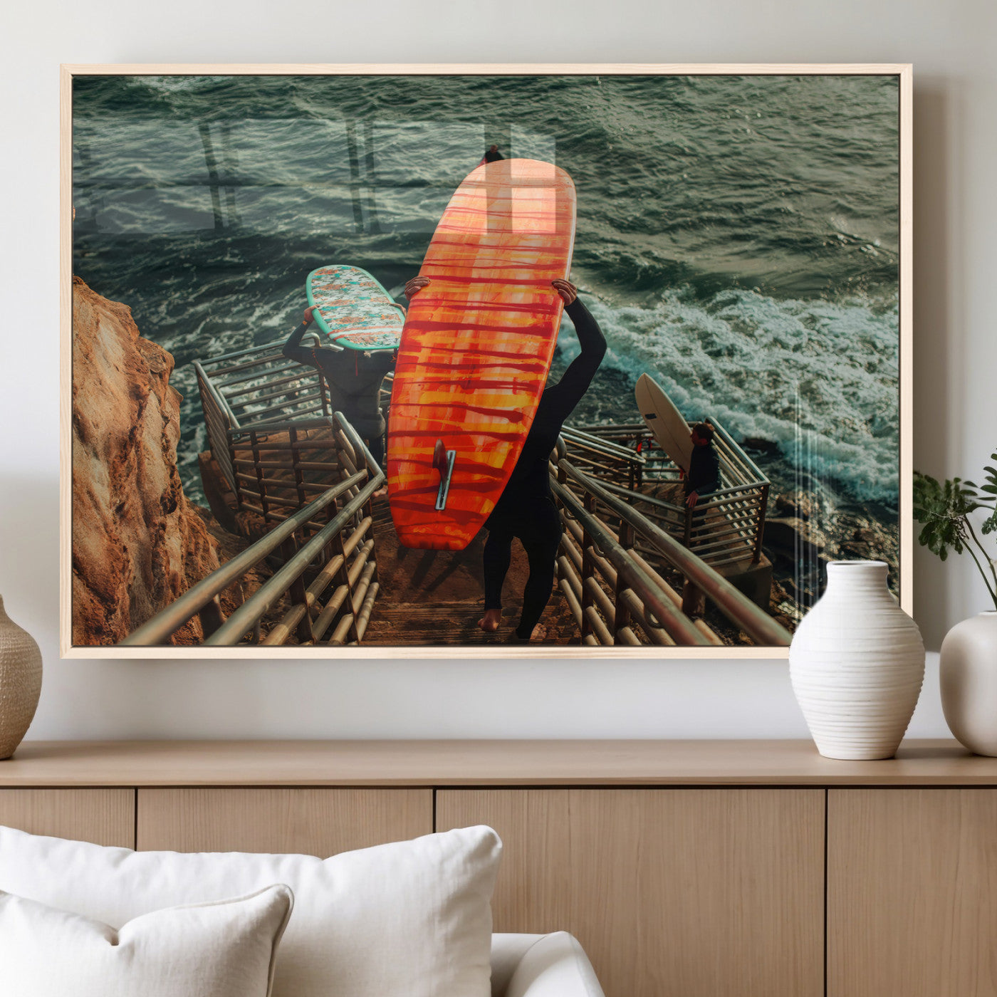 MGV-FP-36X24-3P - Surfer Stairway Wall Art Canvas Print, Framed Ocean Surf Art Picture Print, Sunset Coastal Perfect Coastal Adventure Decor Artwork