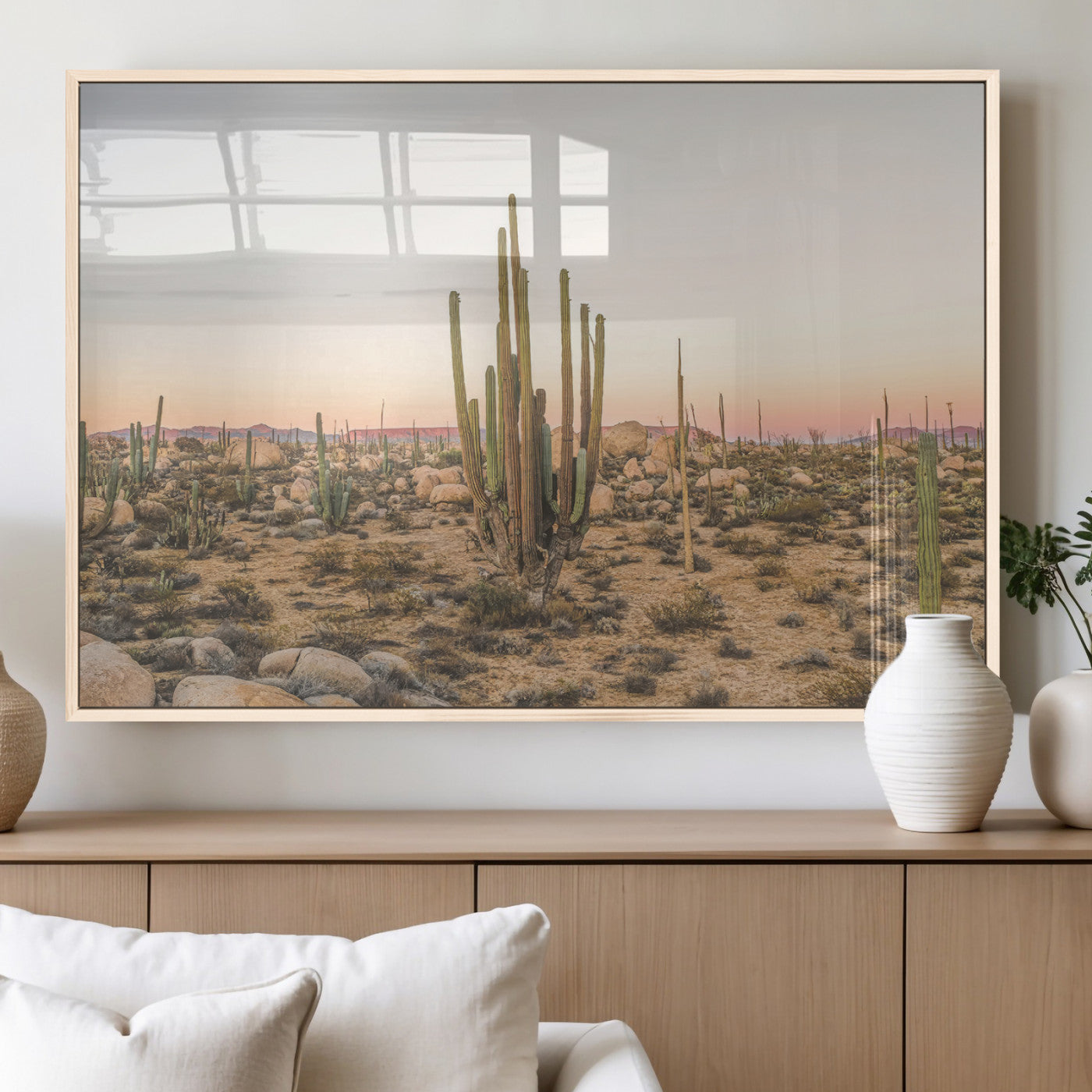 Canvas of tall desert cacti in warm sunset tones over a rocky Baja landscape, ideal for earthy or Southwestern-style home decor.