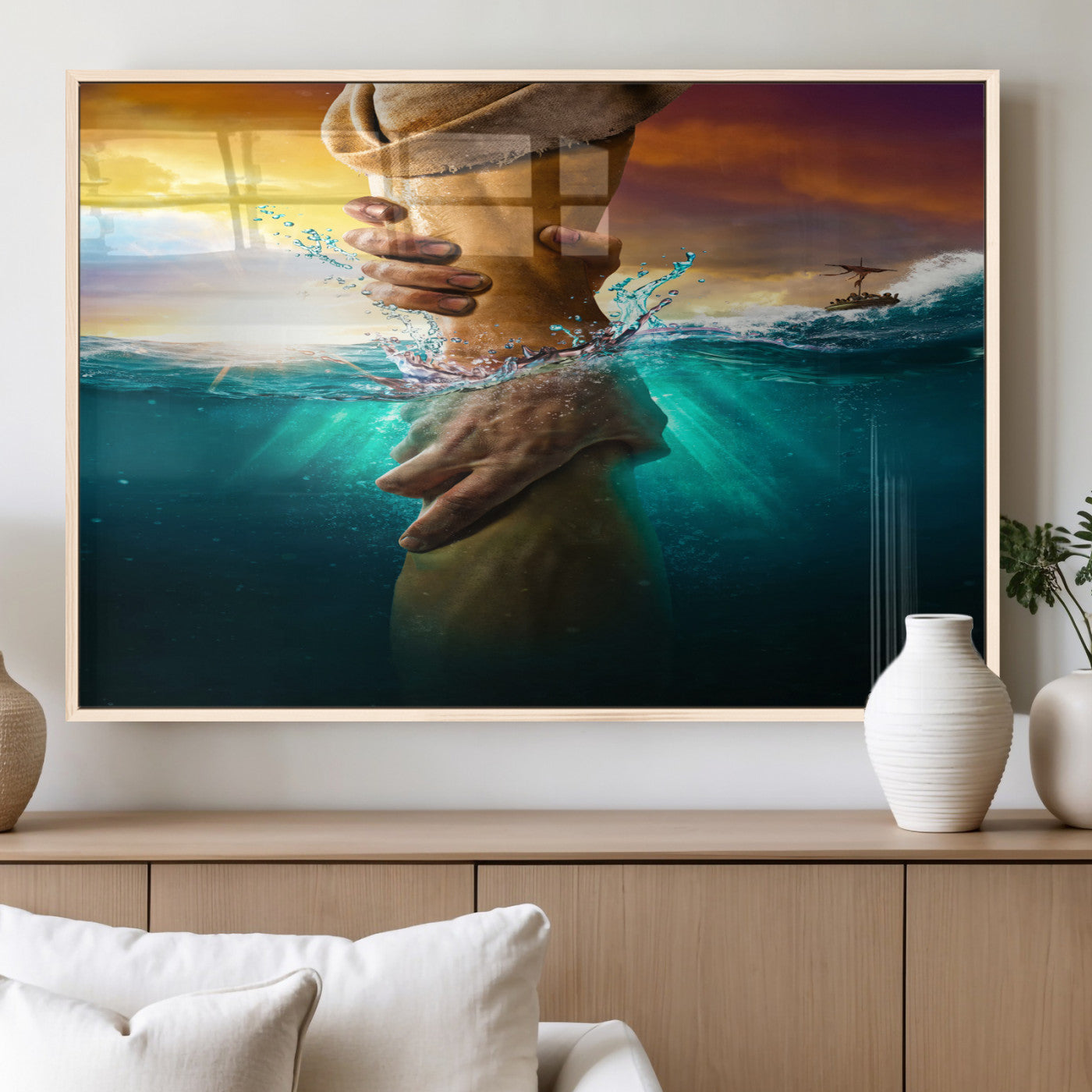 A dramatic scene of a hand reaching underwater and being lifted, symbolizing rescue and faith, ideal for spiritual or Christian wall decor.